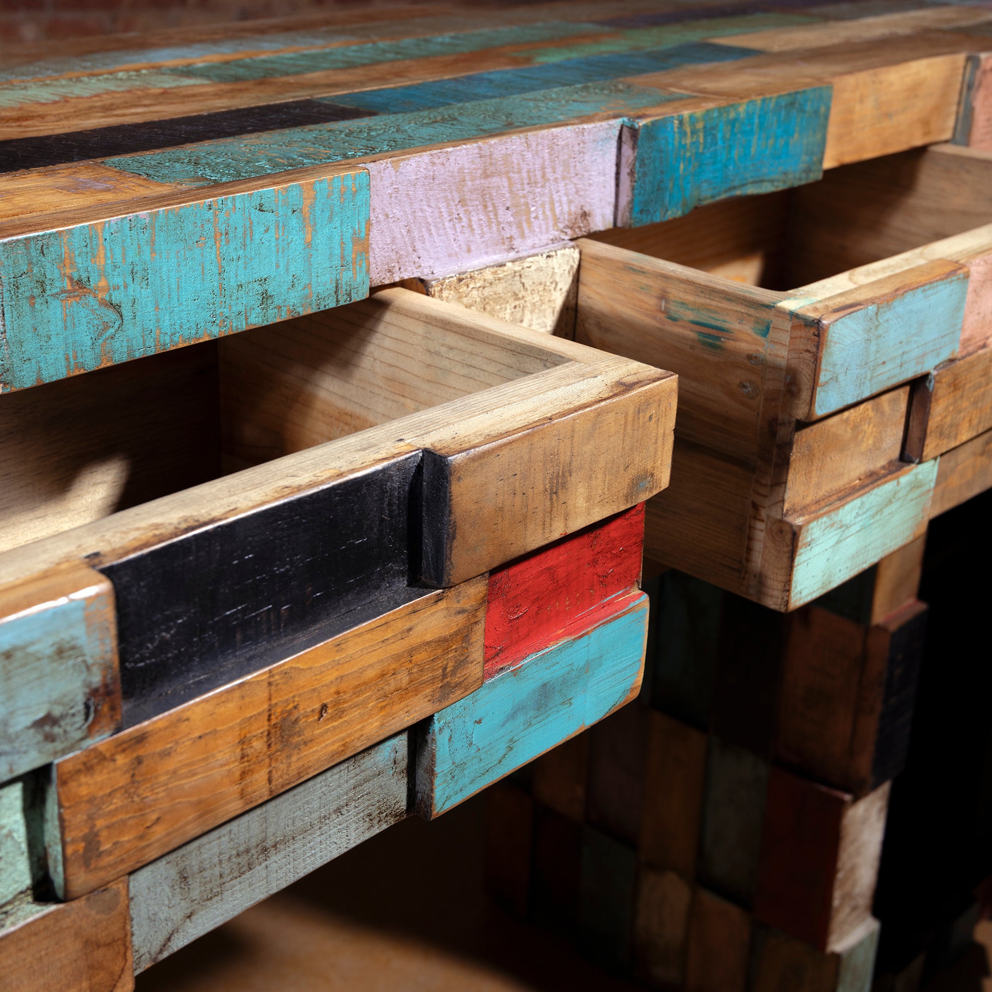 Painted Mesa Console drawers open showing craftsmanship and color variation