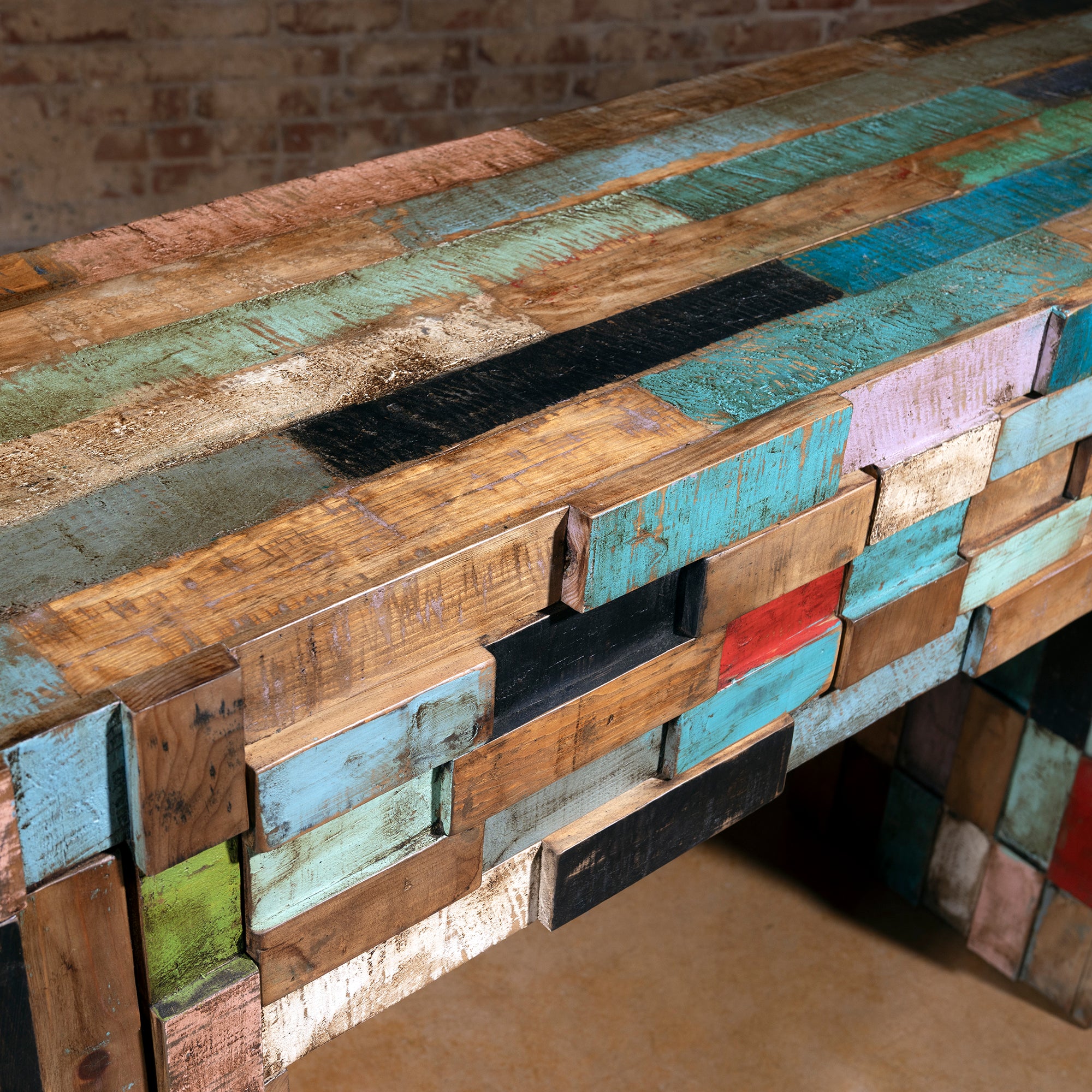 Top view of Painted Mesa Console highlighting reclaimed wood grain and patina detail