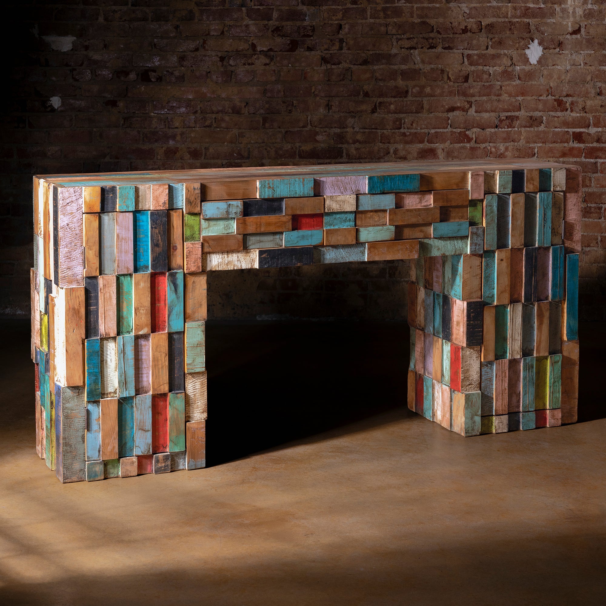 Artistic western console with reclaimed wood blocks in turquoise and desert tones