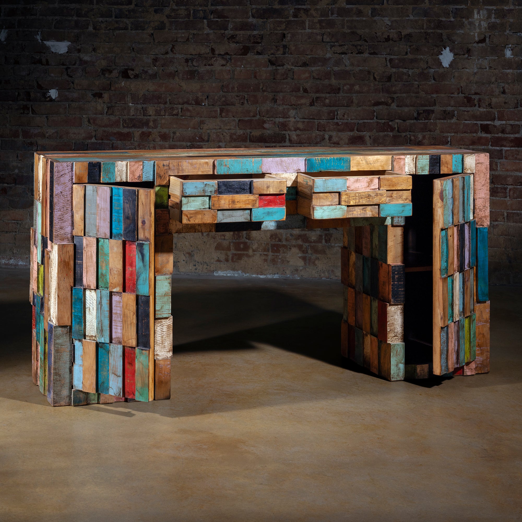 Painted Mesa Console open view showing drawers and cabinet storage space