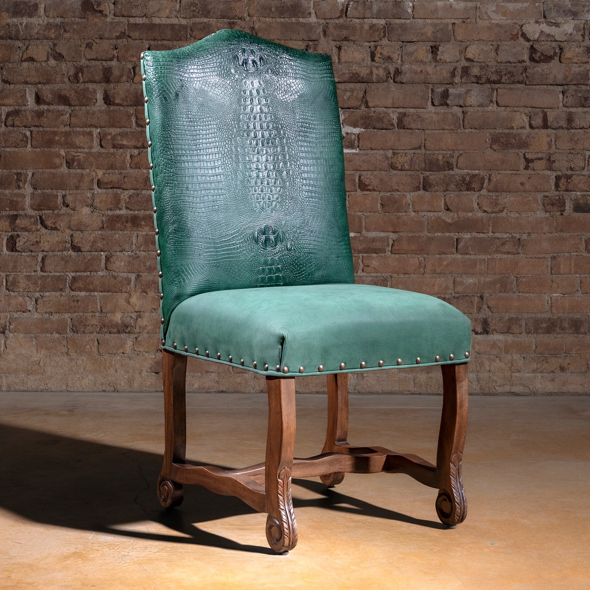 Palacio Verde Dining Chair western dining chair with green croc-embossed leather back, nailhead trim, and carved wood legs