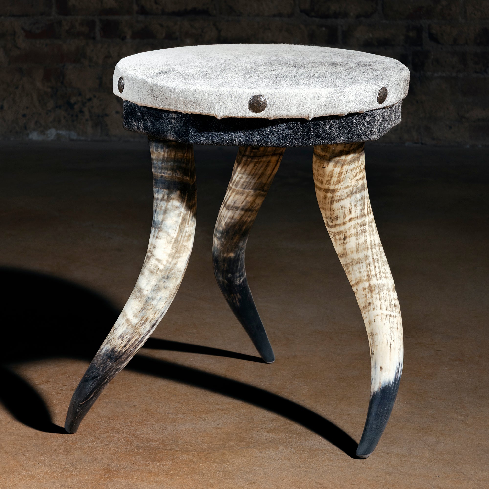 Palo Duro Horn Trio Accent Table with genuine cowhide top and horn legs, Western luxury side table