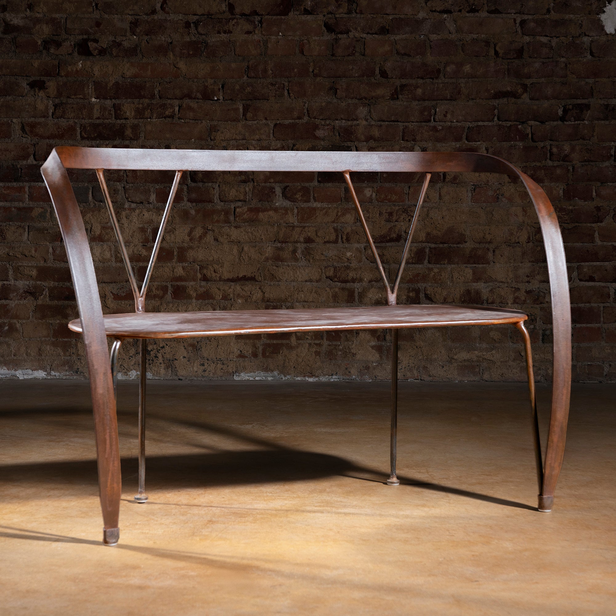 Railspur Gallery Bench hero view slim wrought iron Western bench for entryway or hallway