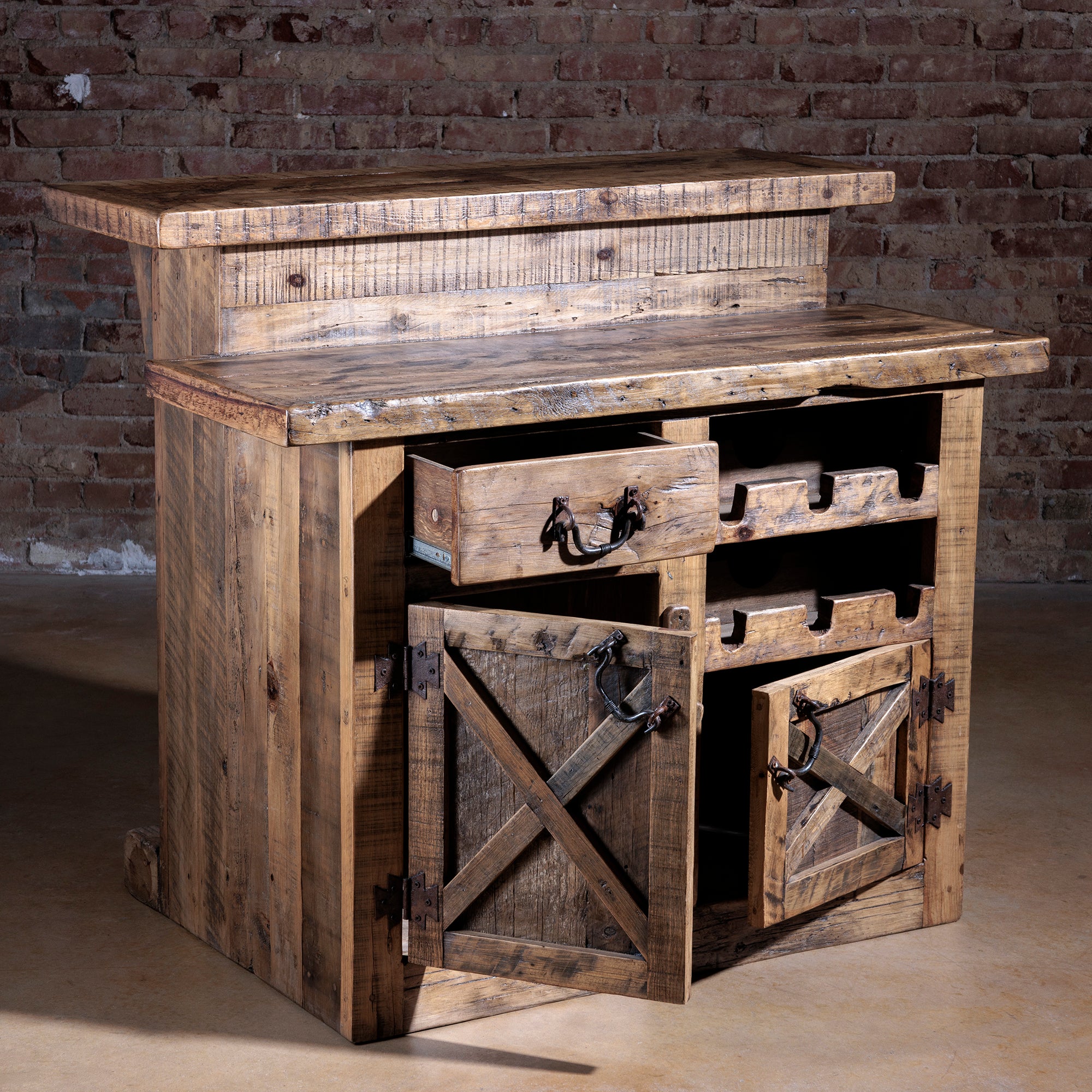 Reclaimed wood bar with cabinets, drawer, and wine storage open