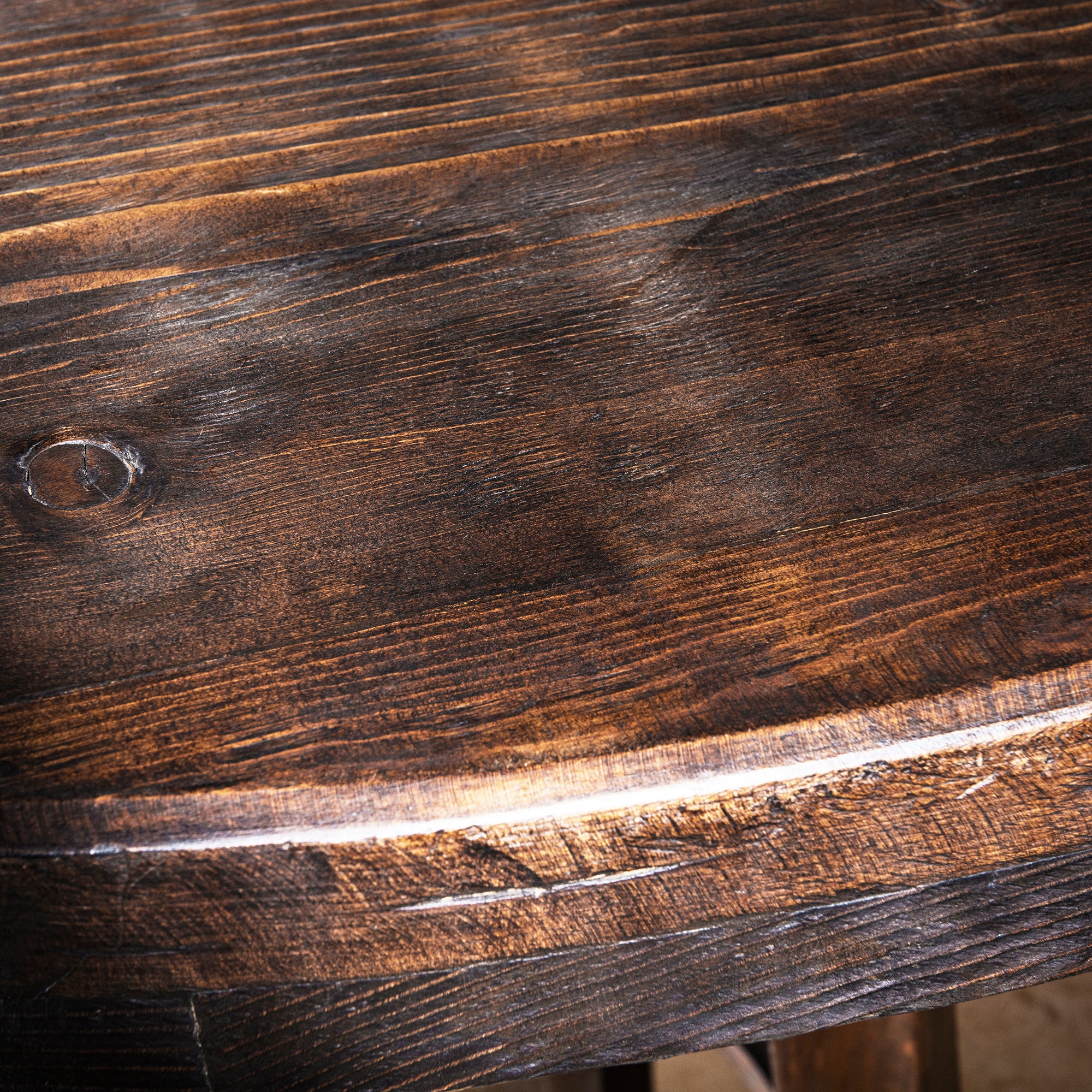 Red Mesa Forge Table close view of reclaimed wood top with rich grain and aged finish