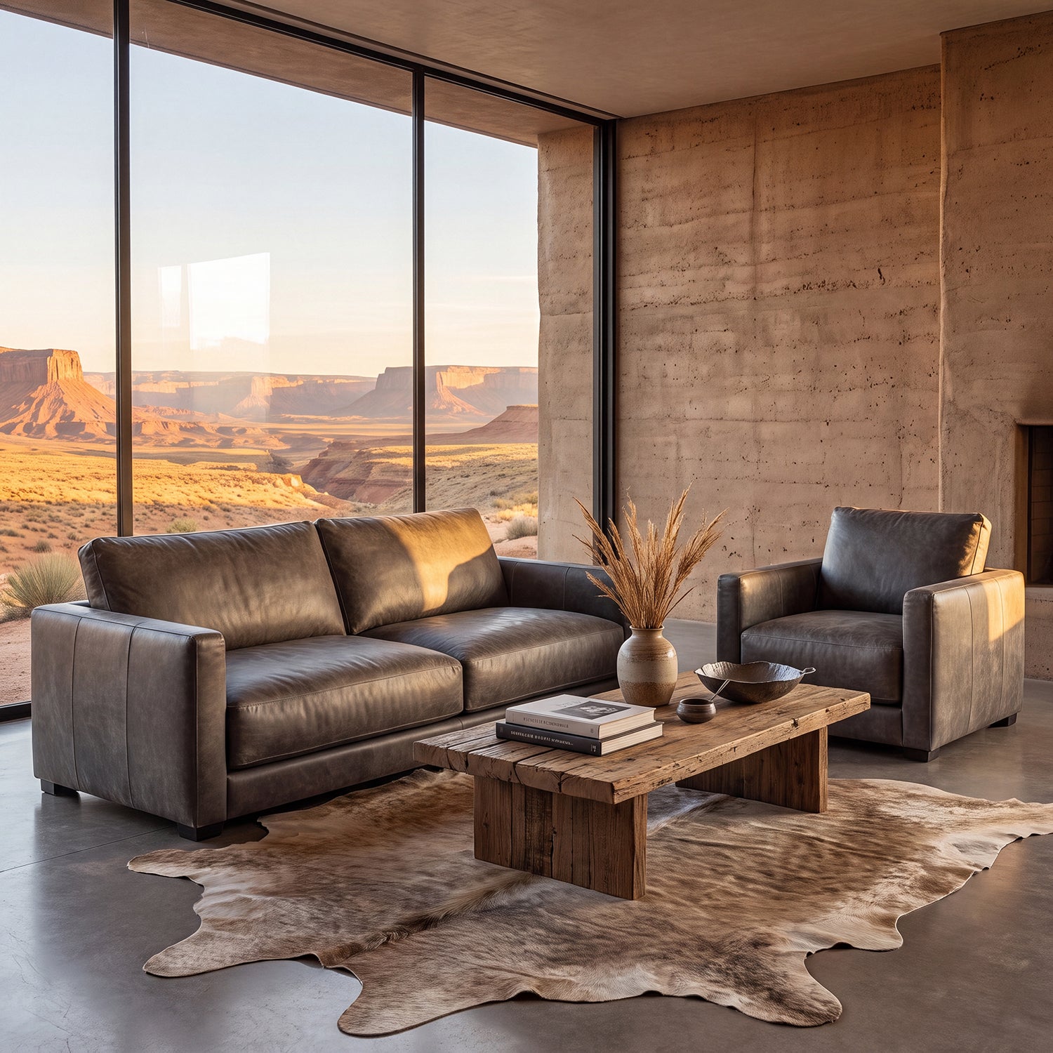 One-only Remington Cowhide Sofa & Swivel Chair Set in top-grain leather. Retail value $12,098, special bundle price $7,999. First come, first served.