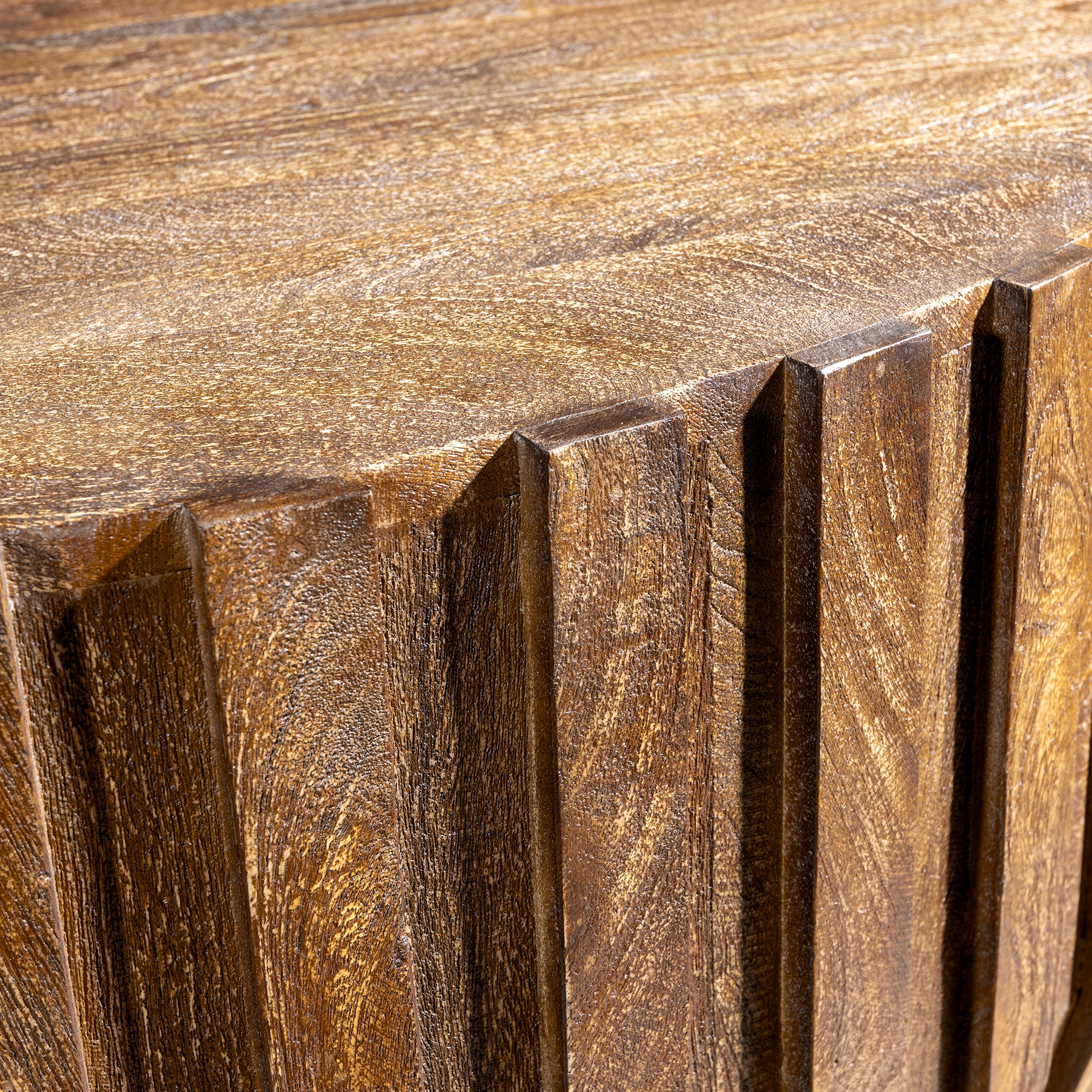 Ridgeline Drum Coffee Table close detail of weathered wood grain top on a round fluted Western coffee table