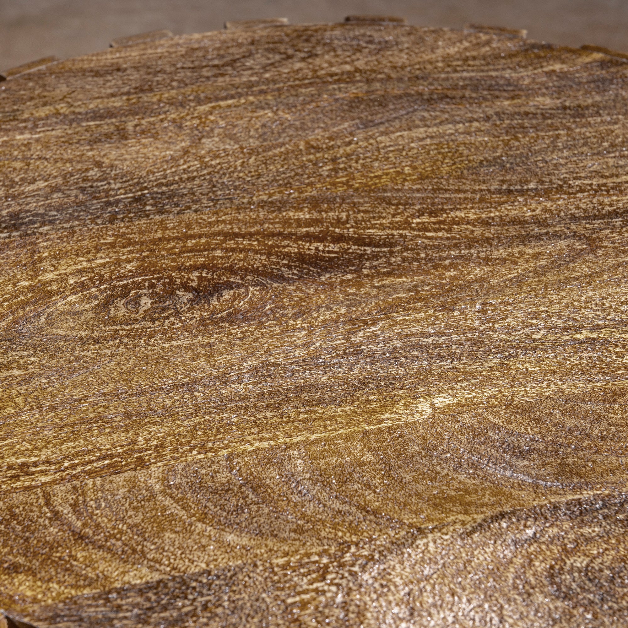 Ridgeline Drum Table wood detail with carved ridges, drum silhouette, rustic texture, and luxury Western lodge styling
