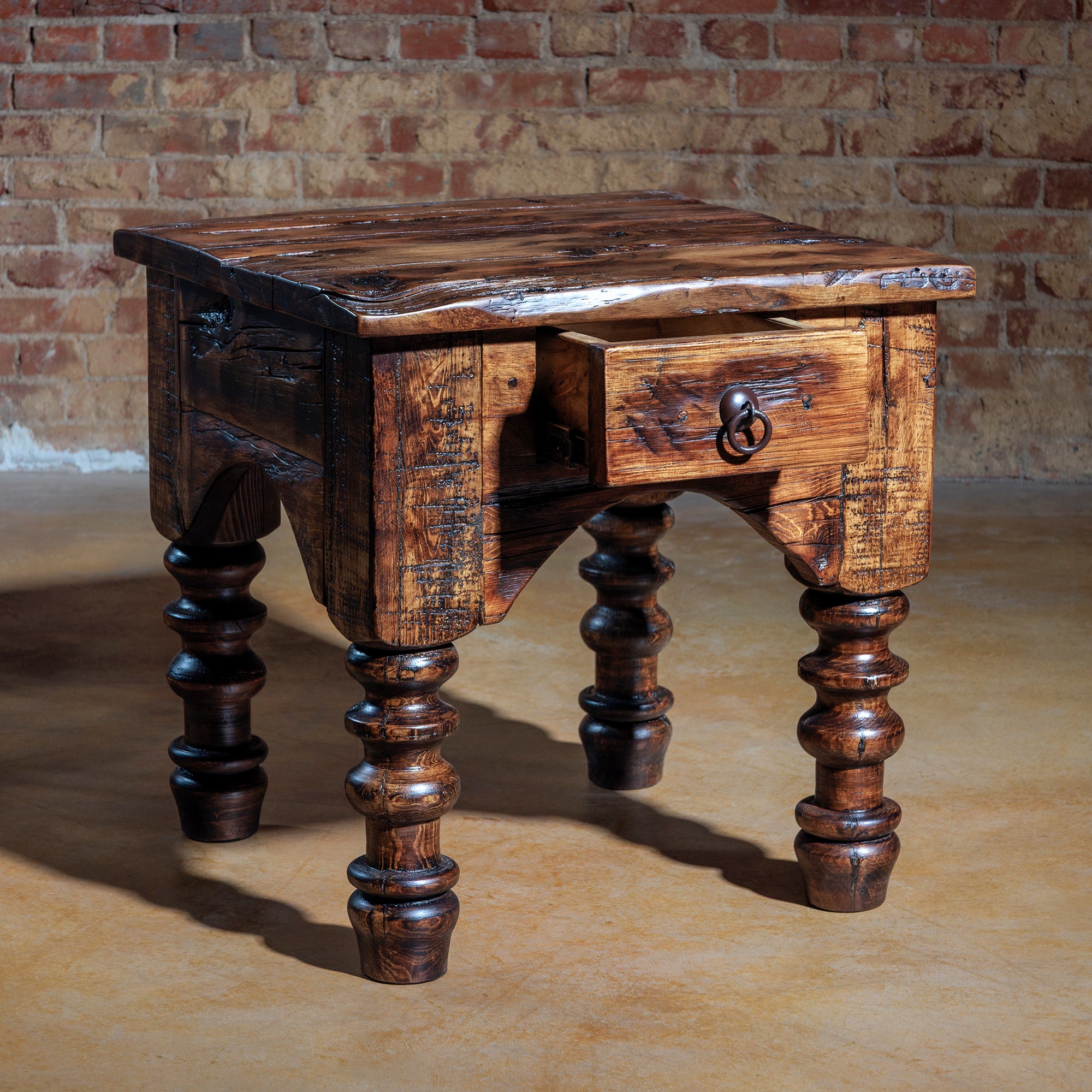 Drawer open view of Western-style rustic accent table