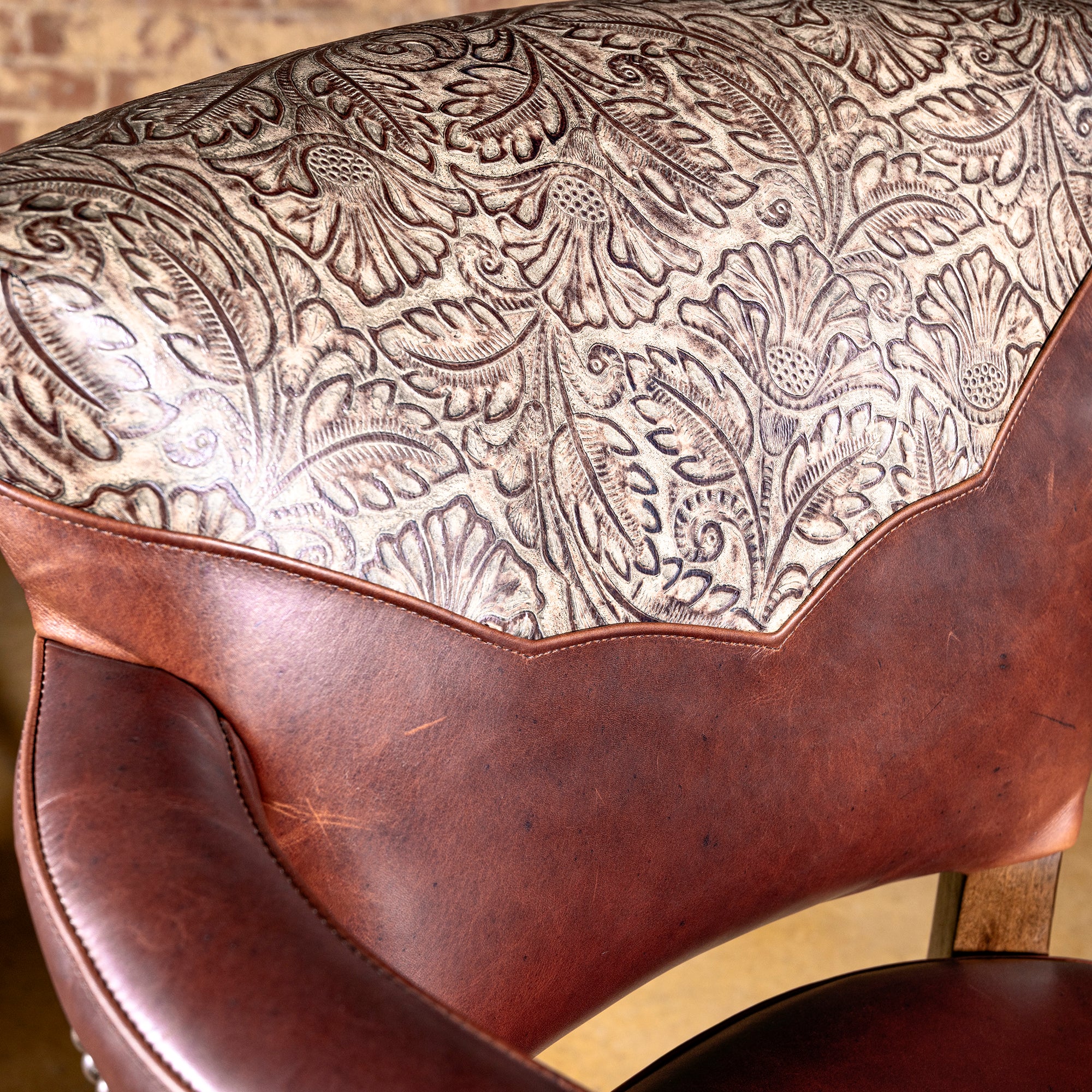 Floral tooled leather texture on Western luxury bar stool