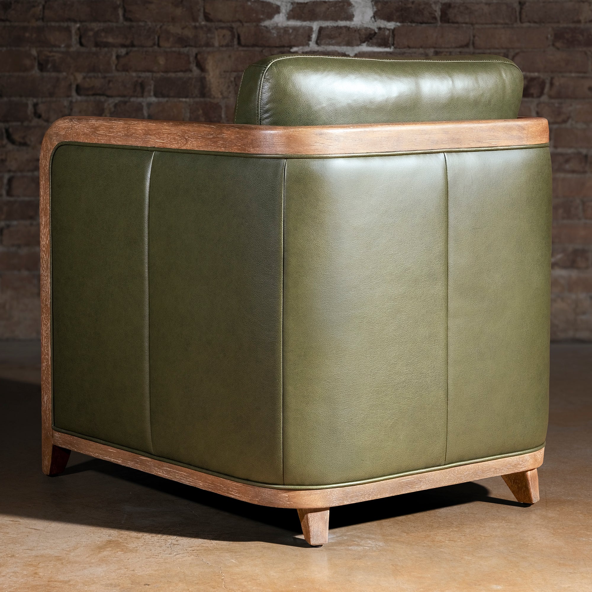Sagewood Club Chair modern Western accent chair in olive leather with shelter arms, wood frame, and lounge comfort
