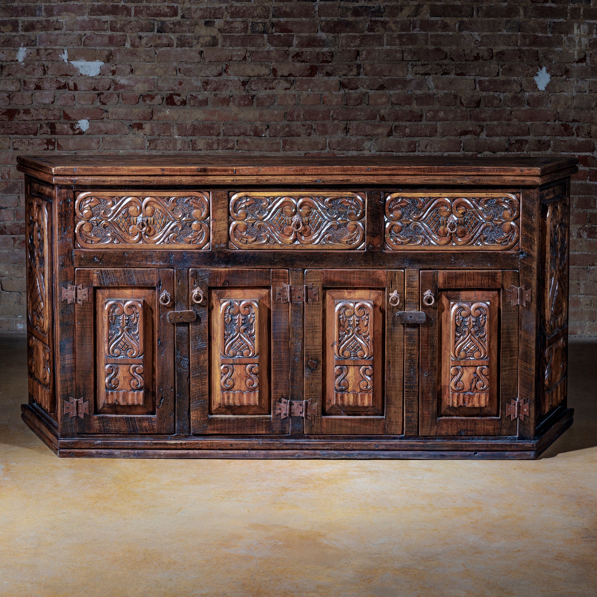 San Miguel hand-carved rustic buffet with ornate drawers and cabinet doors