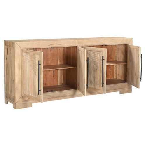 Crafted from sturdy mango wood, the Sanibel Console boasts a sandy beige finish and four doors with sleek metal handles. Elevate your space with this expertly designed piece, perfect for adding both style and functionality to any room.