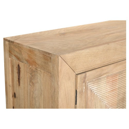 Crafted from sturdy mango wood, the Sanibel Console boasts a sandy beige finish and four doors with sleek metal handles. Elevate your space with this expertly designed piece, perfect for adding both style and functionality to any room.