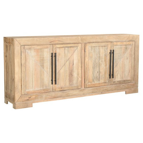 Crafted from sturdy mango wood, the Sanibel Console boasts a sandy beige finish and four doors with sleek metal handles. Elevate your space with this expertly designed piece, perfect for adding both style and functionality to any room.