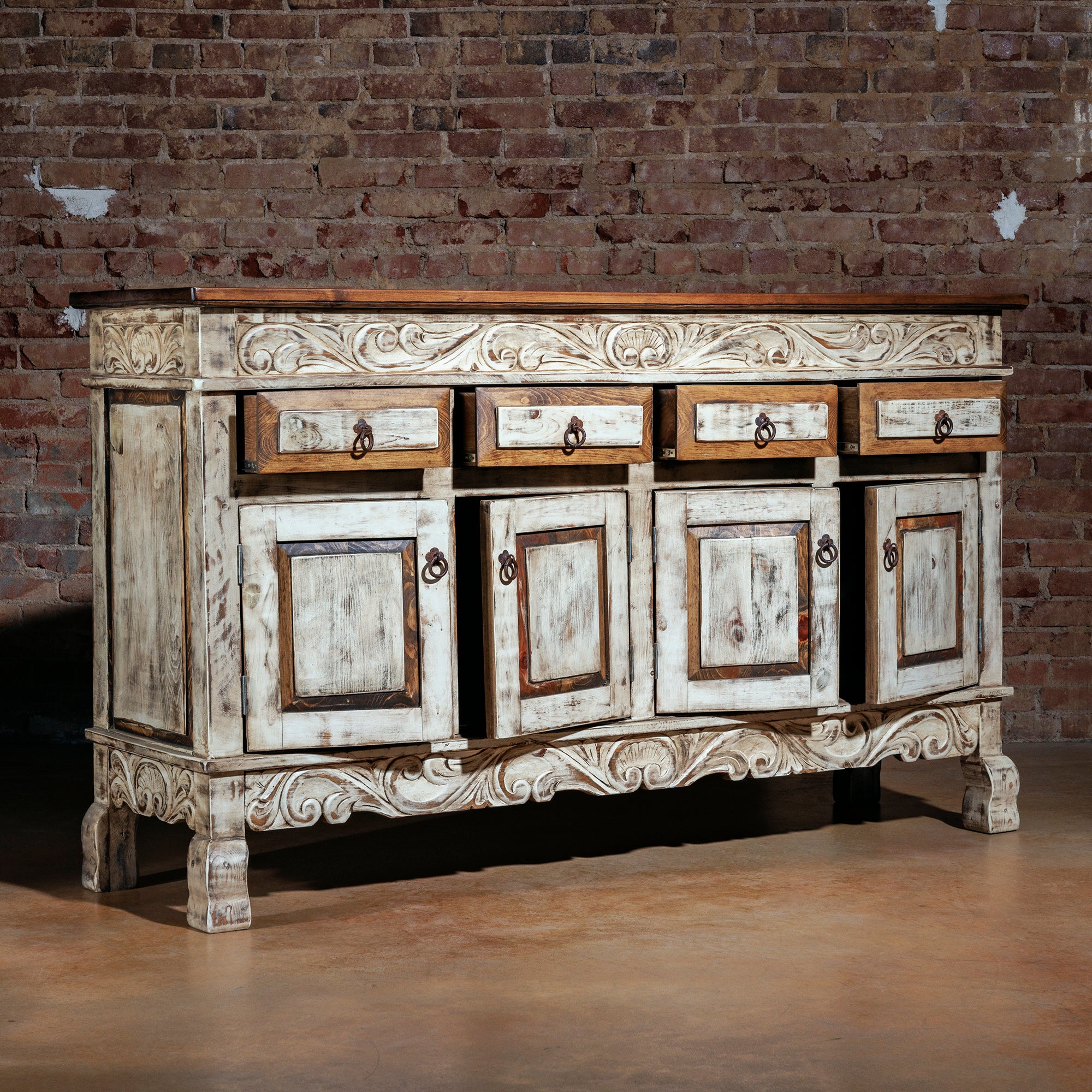 Santa Ynez console with drawers and cabinet doors open, showcasing interior storage