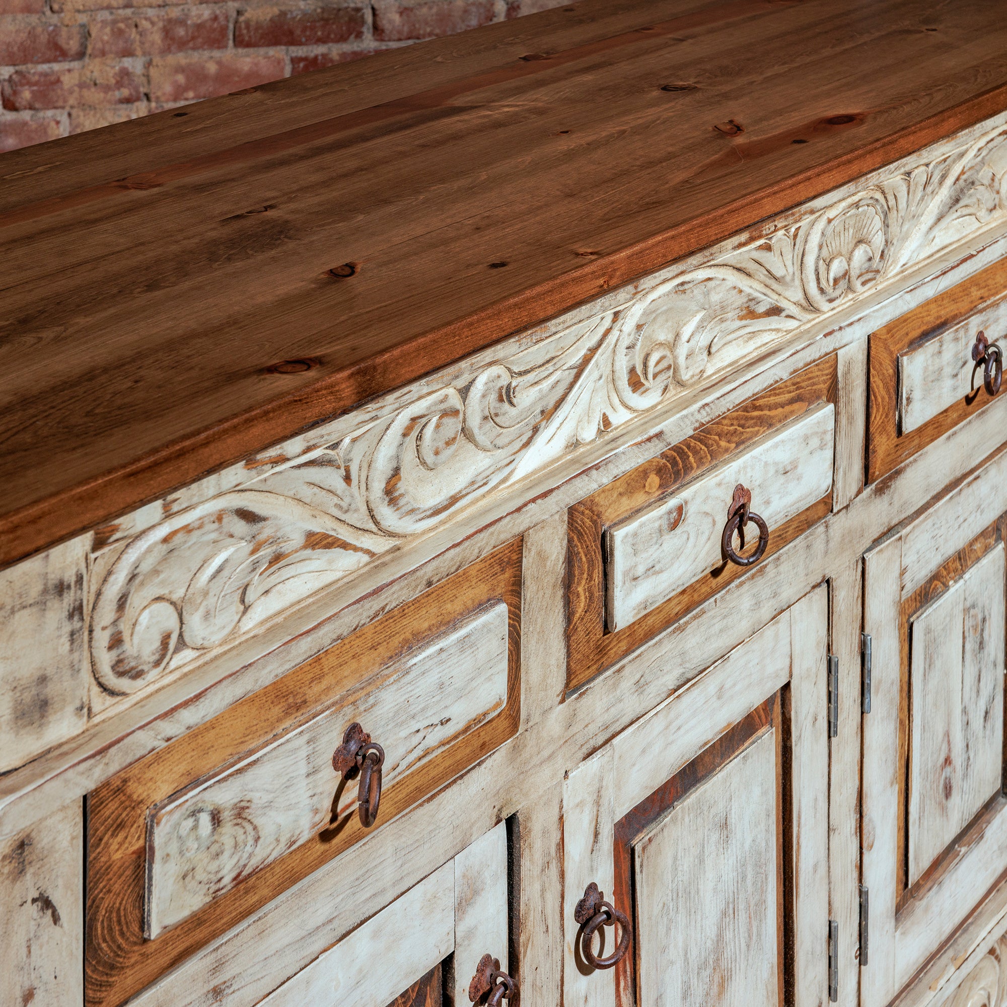 High-angle view of entire Western-style console table