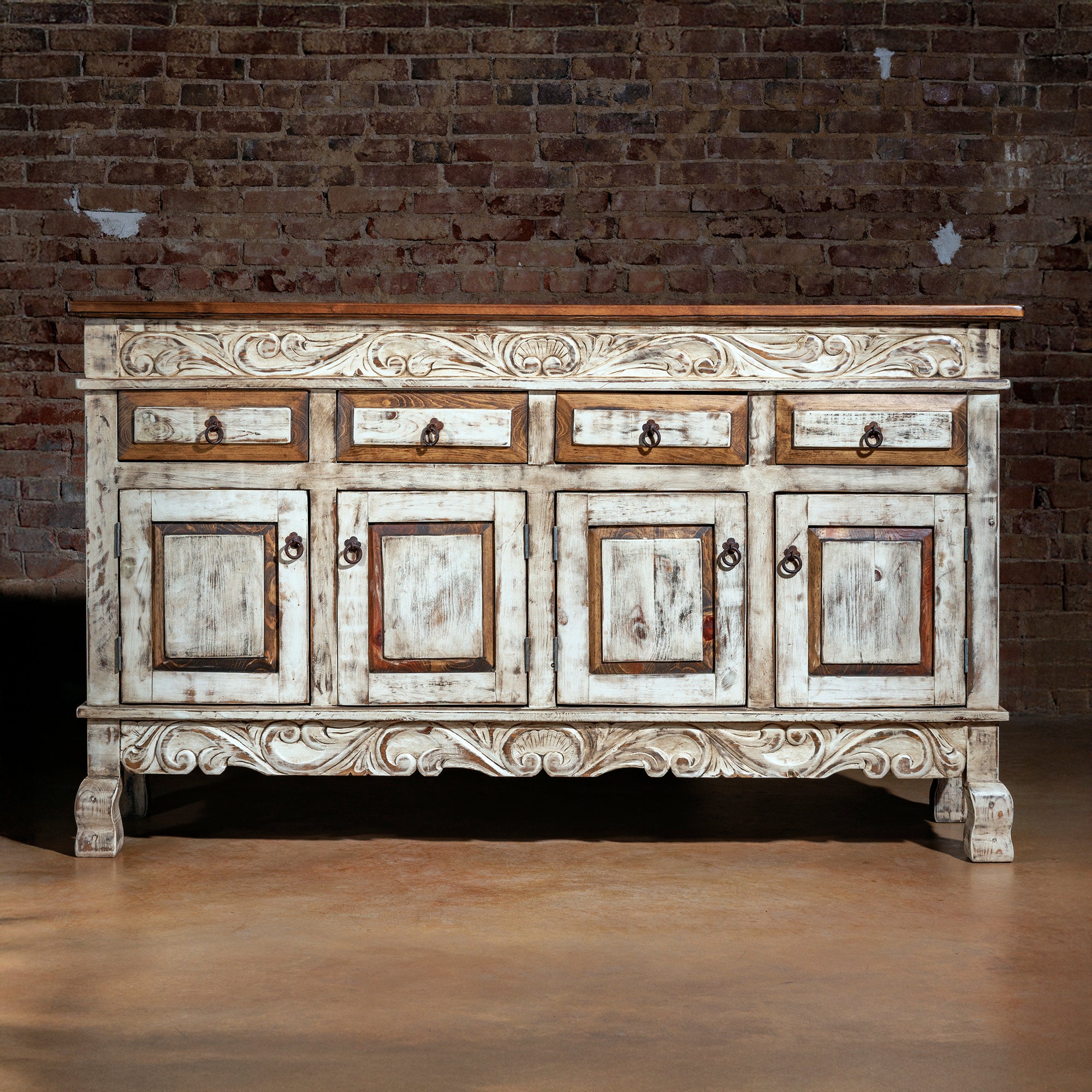 Front view of the Santa Ynez hand-carved Western console with antique white finish