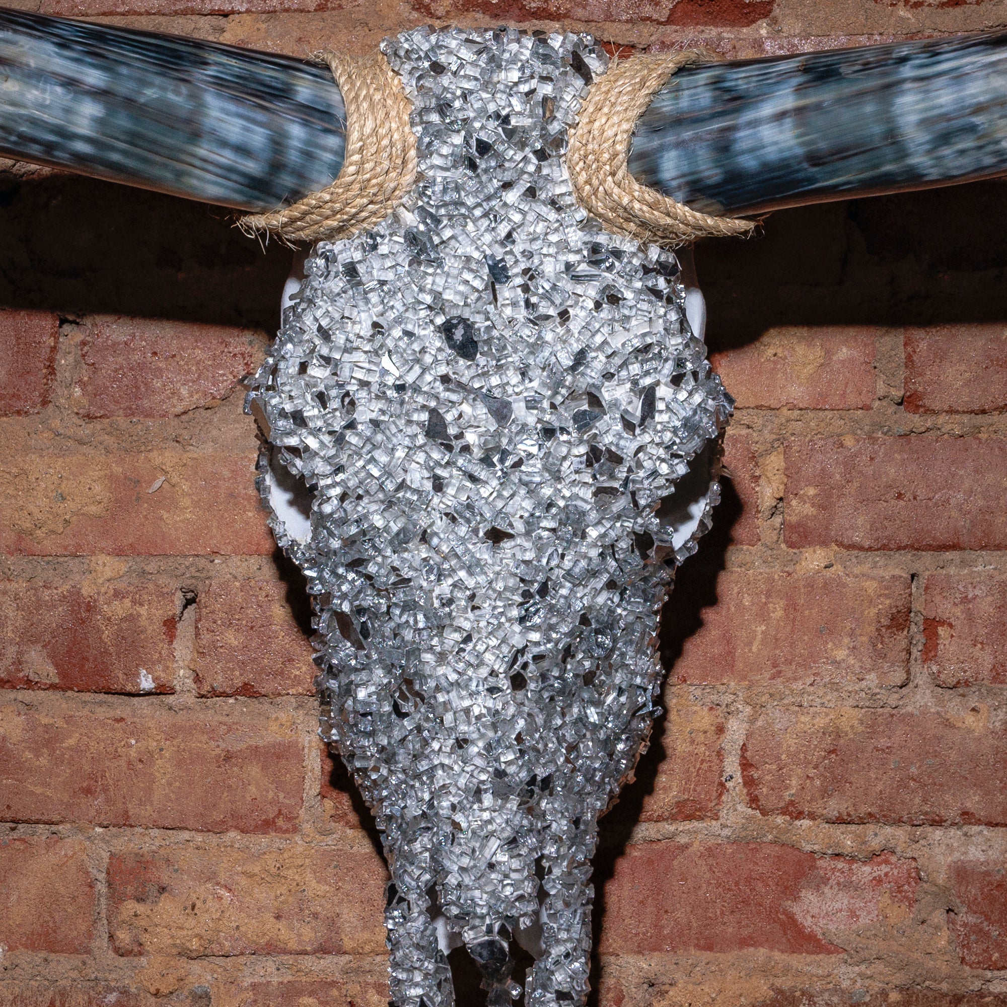 Close-up of silver glass texture and rope accent on decorative Western skull mount