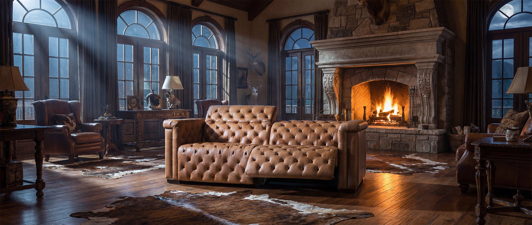 Top-grain leather Western sectional with power recliners and motion headrests. Customizable size, layout, and leather for elevated ranch or urban homes.