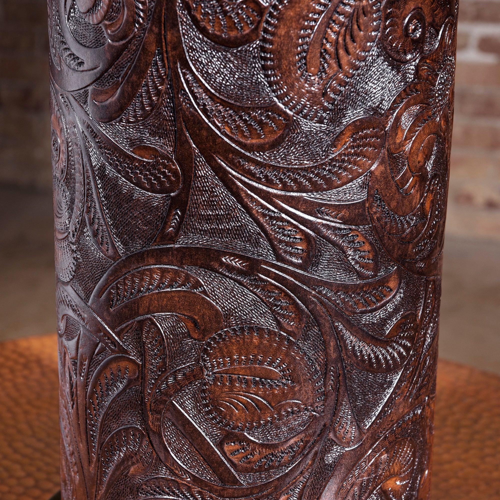 Tooled leather column detail on Sonora Filigree leather table lamp