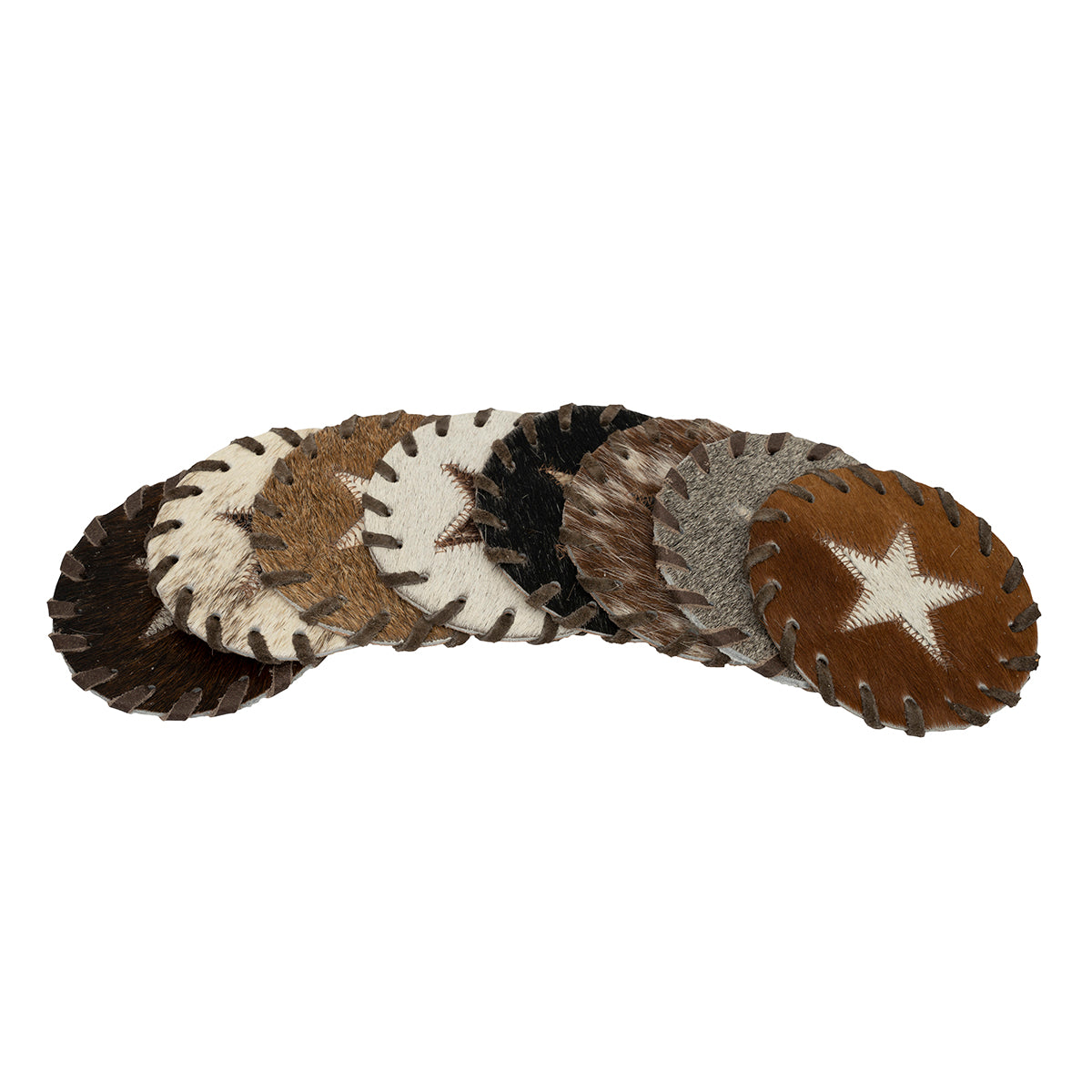 Round natural cowhide coasters. Assorted Colors. Price is PER COASTER - NOT A SET. This set of naturally absorbent leather coasters are Natural shed-free hair on cowhide which prevents drink from sticking, and shows no discoloration when wet. These are made from premium hair-on leather.