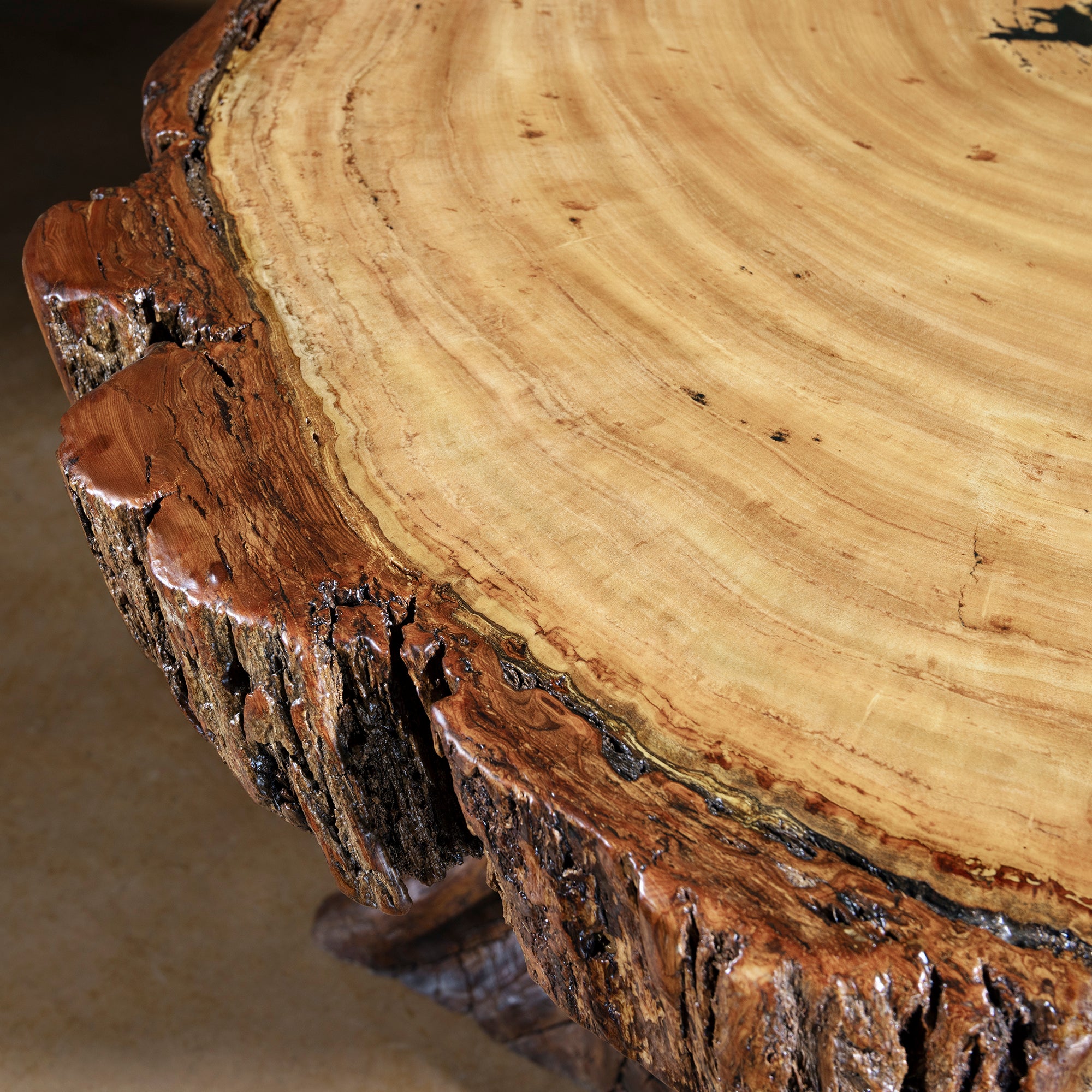 Close-up of live-edge slab top showing rings and grain on Sundermill Rootstone Table