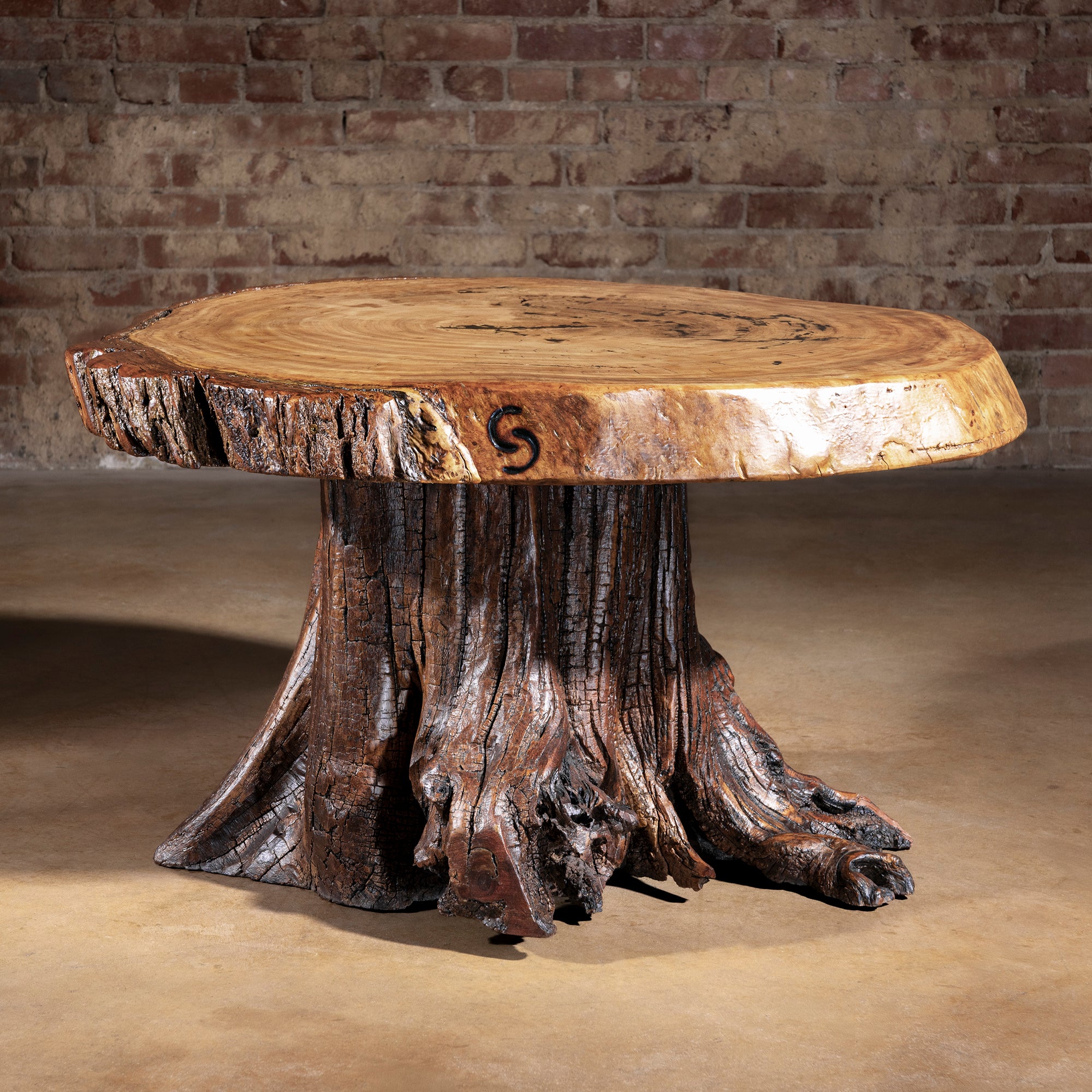 Sundermill Rootstone Table round live-edge Western coffee table with natural slab top