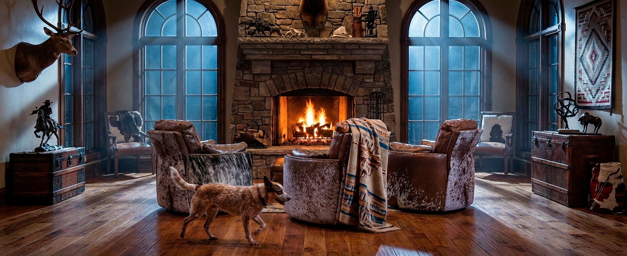 Shop handcrafted Western cuddler recliners in leather & cowhide. Oversized, luxurious seating built to hug you back — ideal for ranch and lodge comfort.
