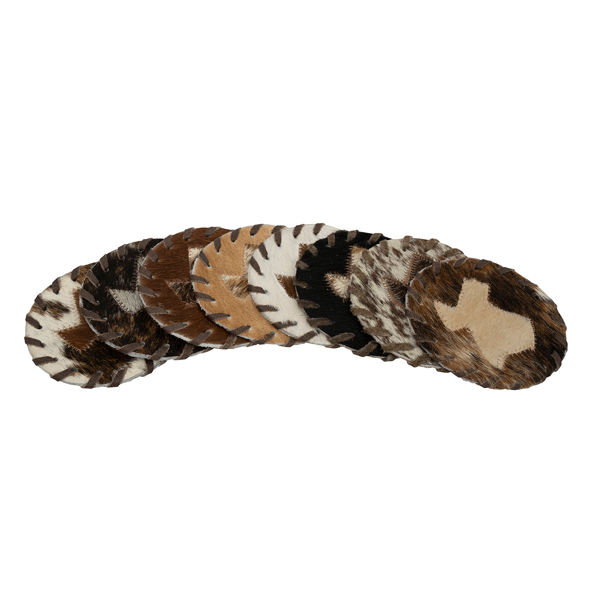 Round natural cowhide coasters. Assorted Colors. Price is PER COASTER - NOT A SET. This set of naturally absorbent leather coasters are Natural shed-free hair on cowhide which prevents drink from sticking, and shows no discoloration when wet. These are made from premium hair-on leather.