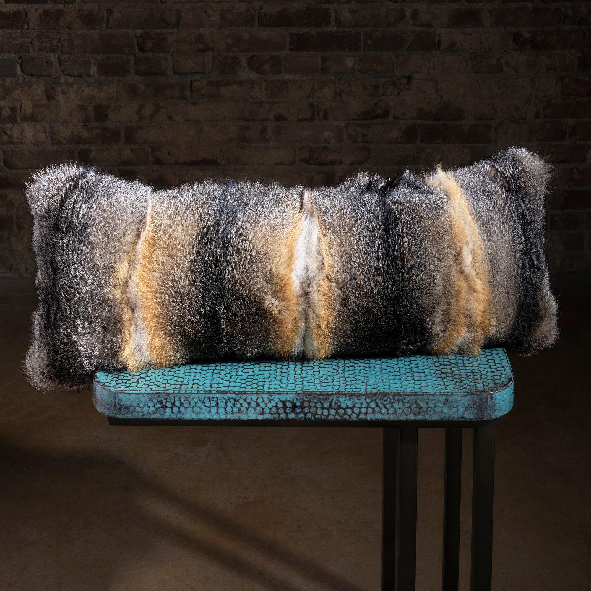 Timberline Coyote Hide Lumbar Heirloom Pillow coyote accent pillow with plush natural fur, silver-tawny tones, and lumbar shape.