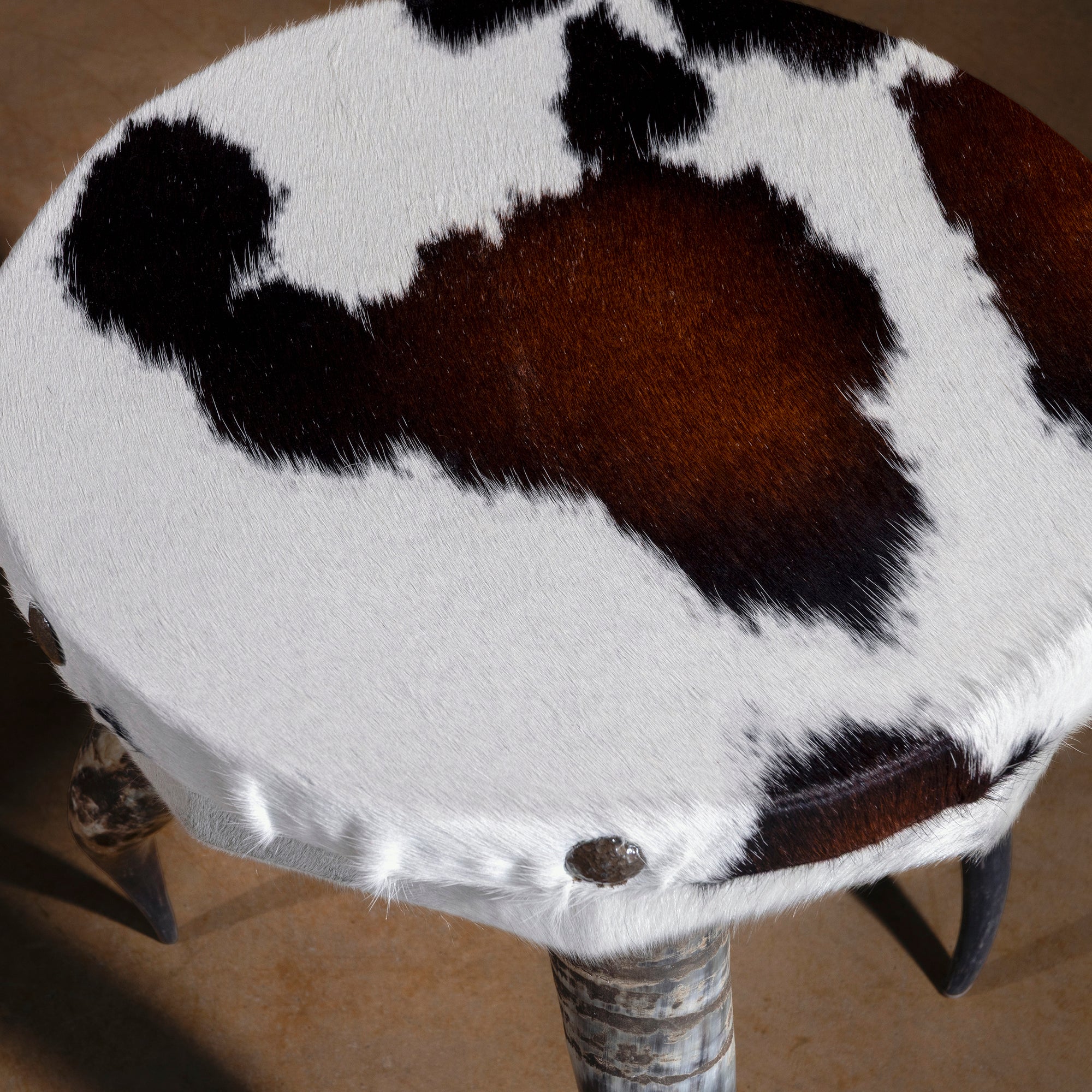 Overhead view of Vaquero Bullhorn Accent Table highlighting handcrafted cowhide pattern and western style