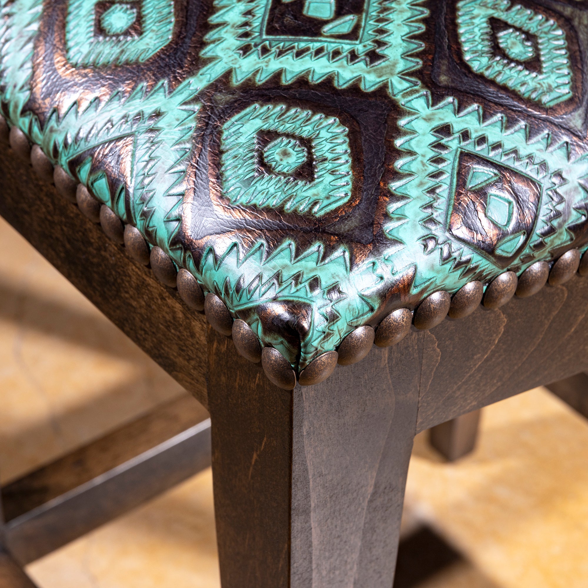 Verdigris Saddle Stool turquoise leather western saddle stool with Southwest diamond pattern and bronzed nailheads