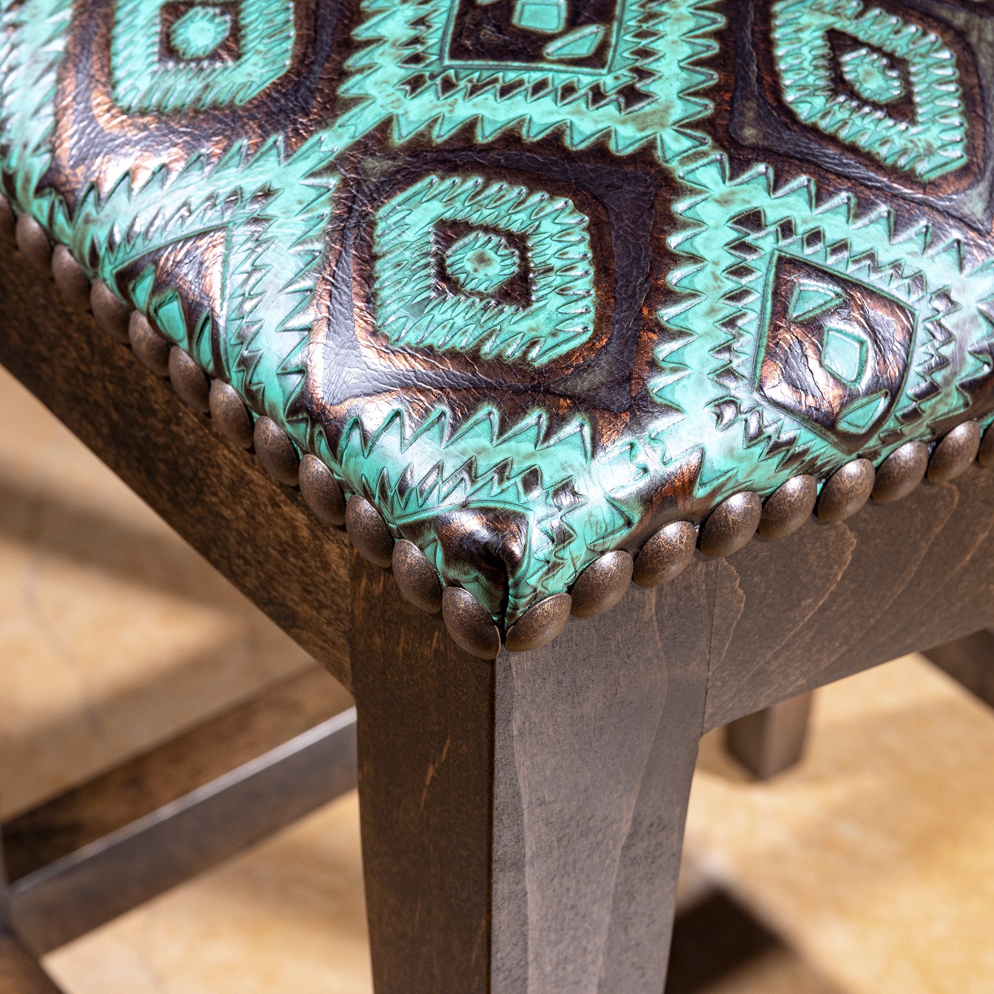 Verdigris Saddle Stool turquoise leather western saddle stool with Southwest diamond pattern and bronzed nailheads