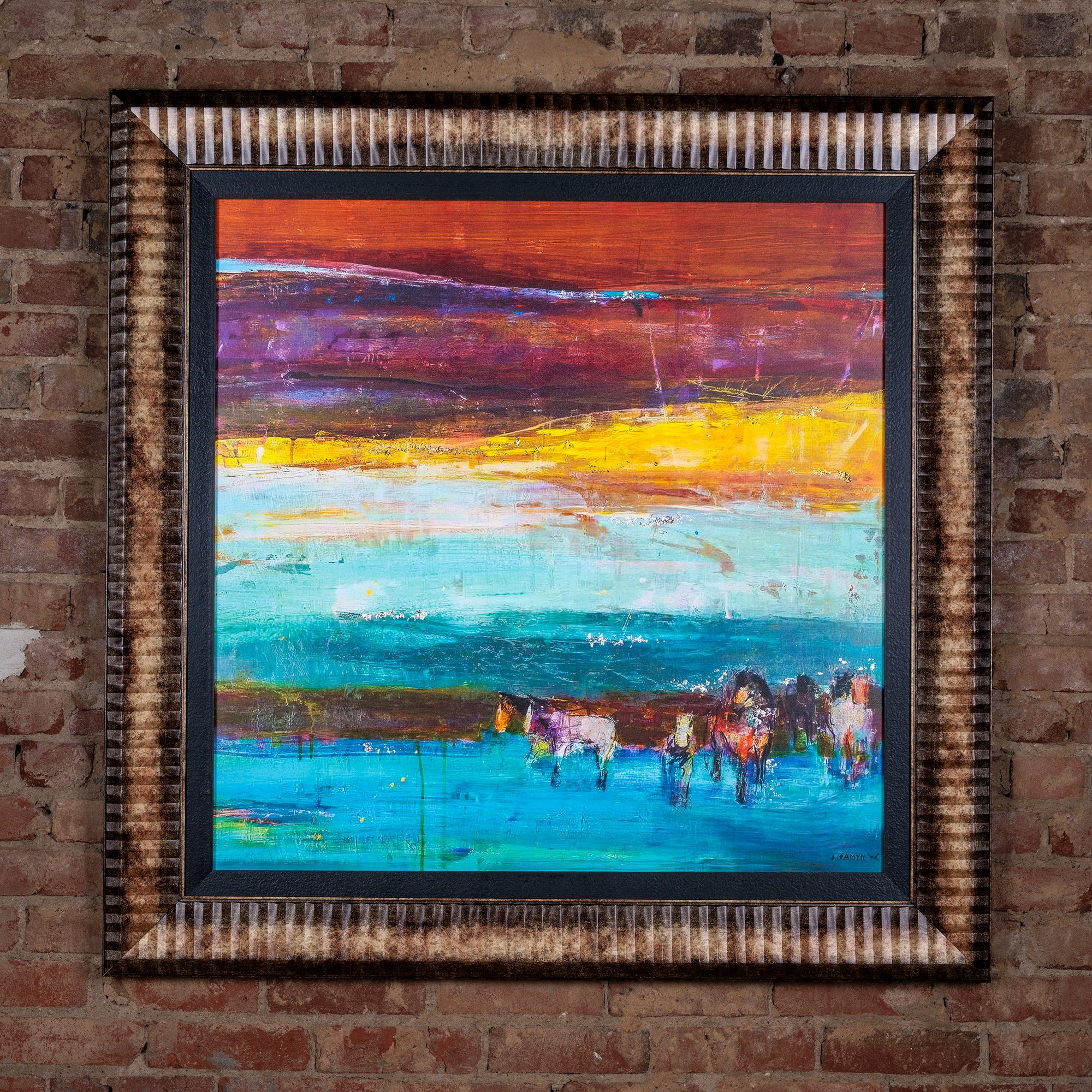 Western abstract oil painting of horses