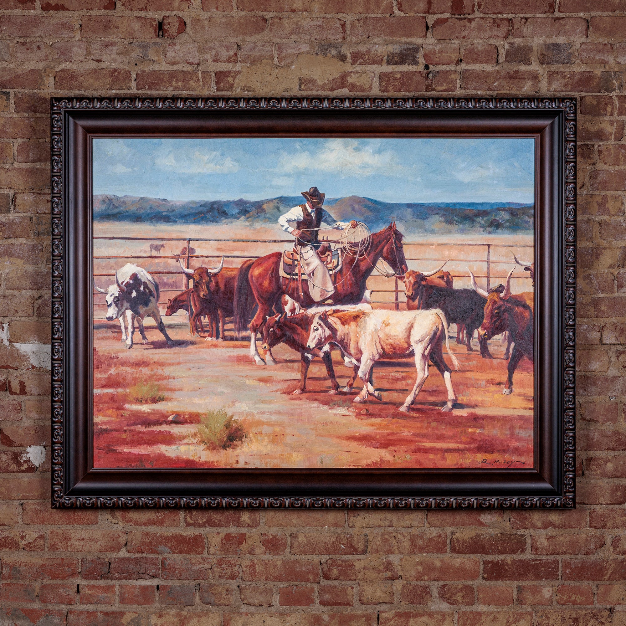 western oil painting of a cowboy on horse with lasso