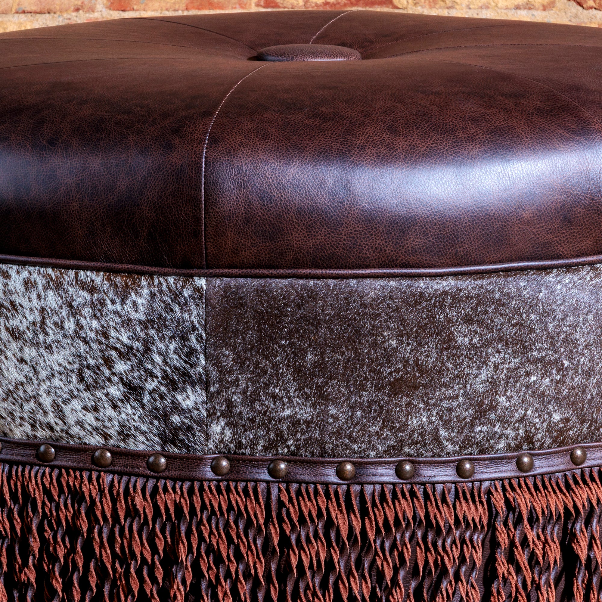 Montana Ranch Round Leather & Cowhide Ottoman