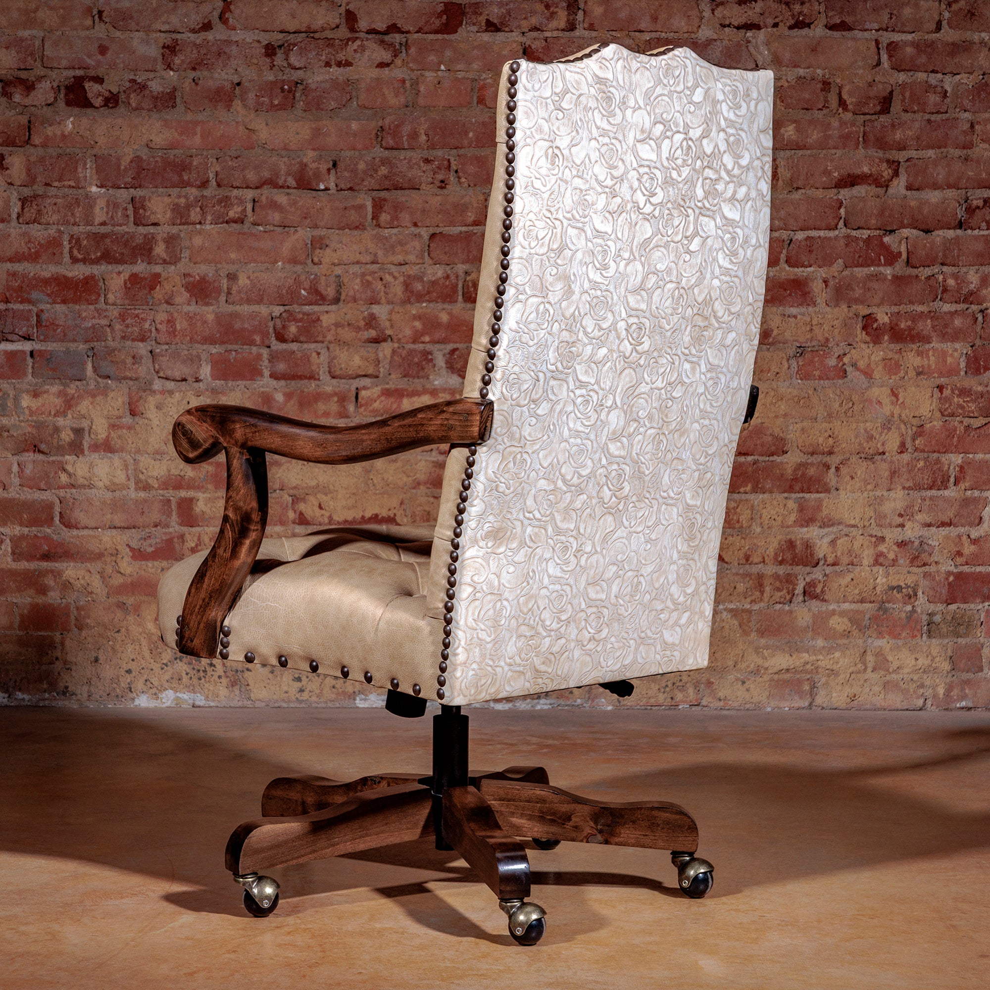 high-end western leather desk chair with embossed floral leather on back