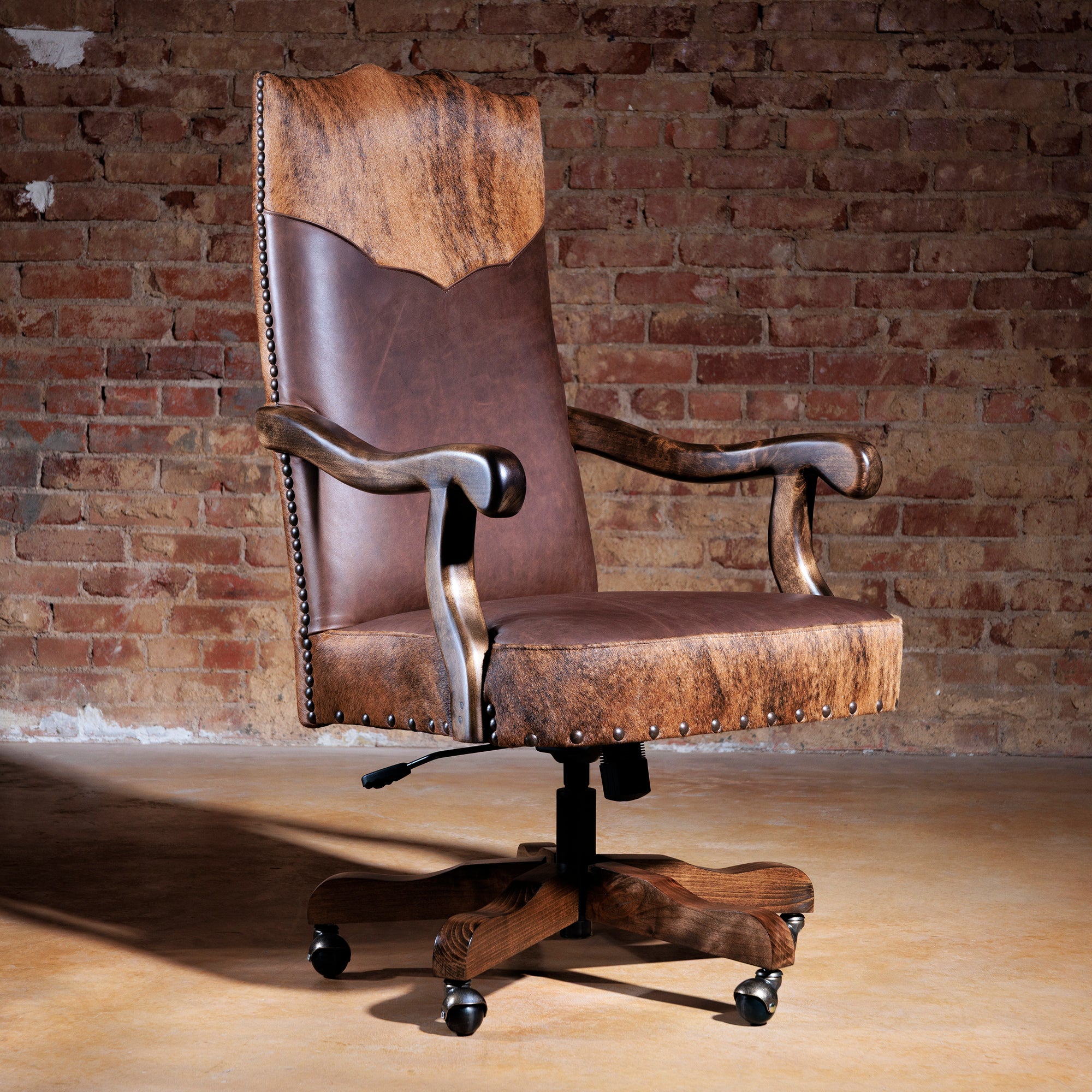 western leather desk chair with cowhide trim