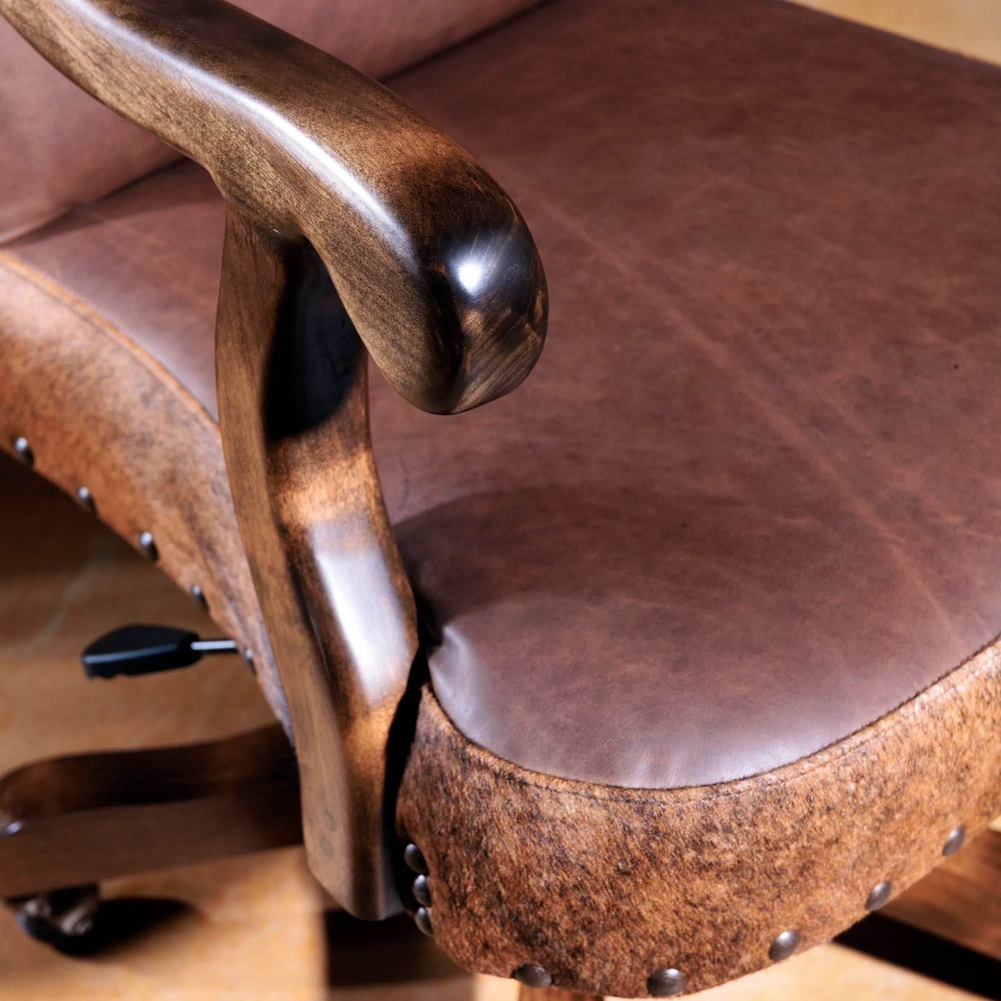 western leather desk chair with cowhide trim