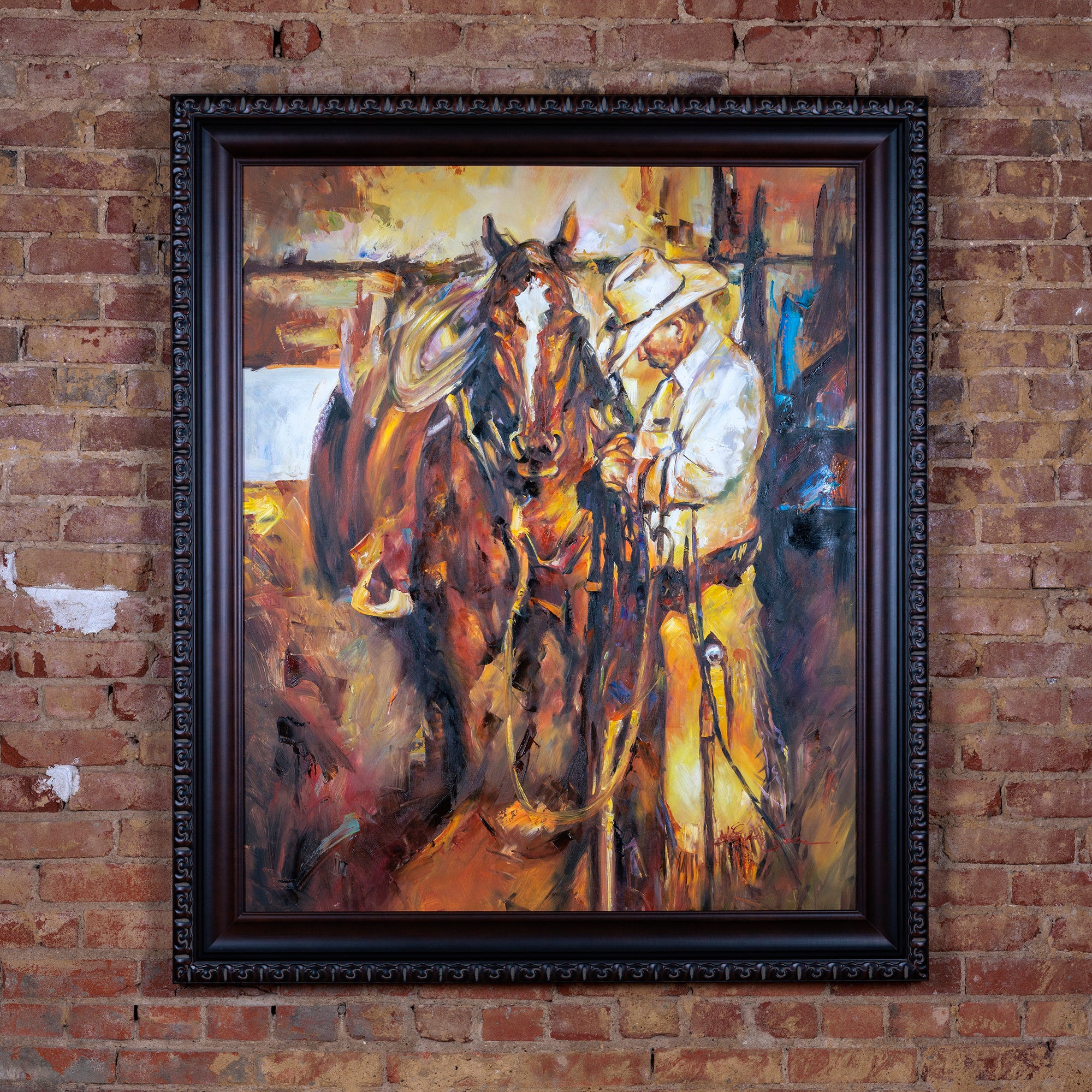 western oil painting of cowboy with horse