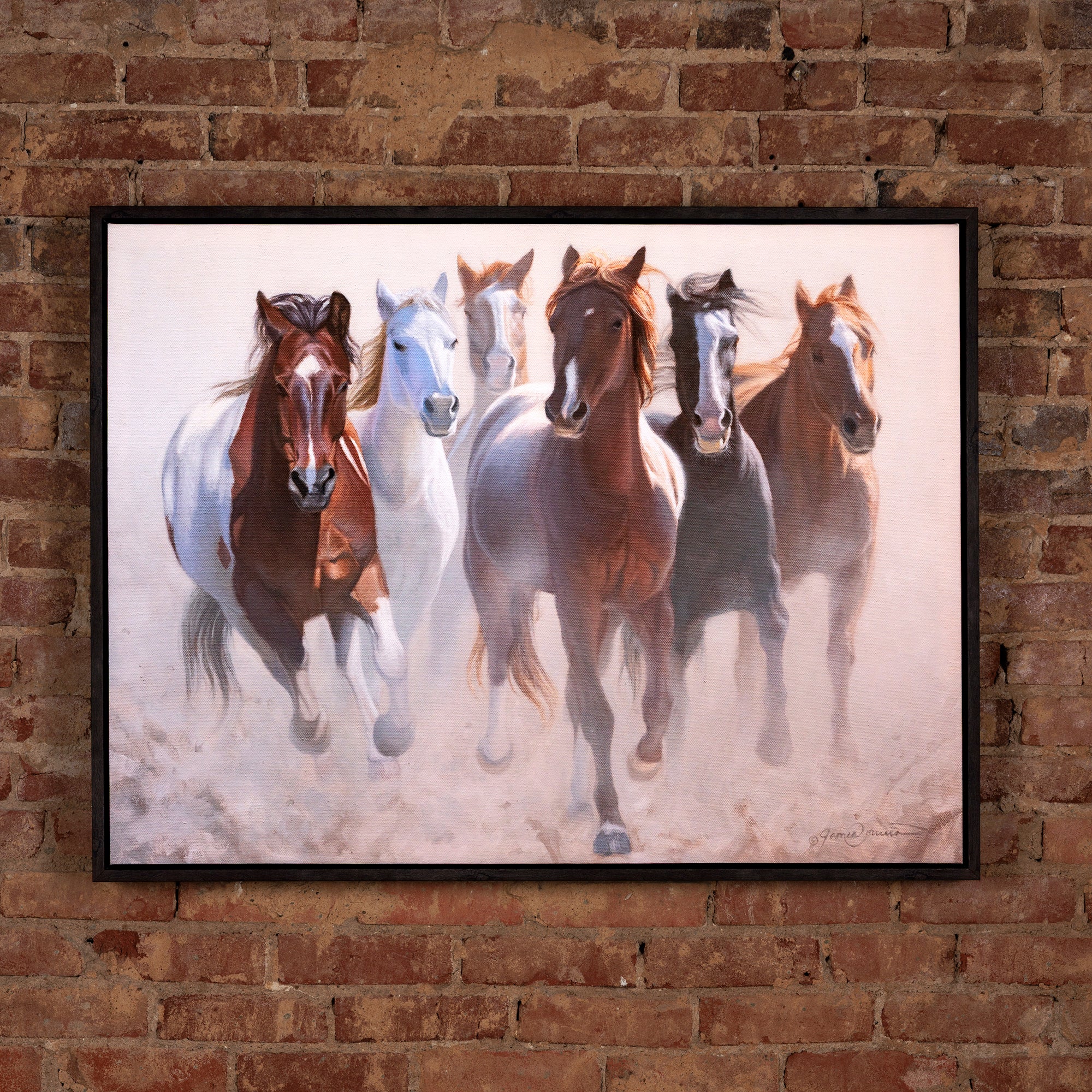 western oil painting of a herd of wild horses