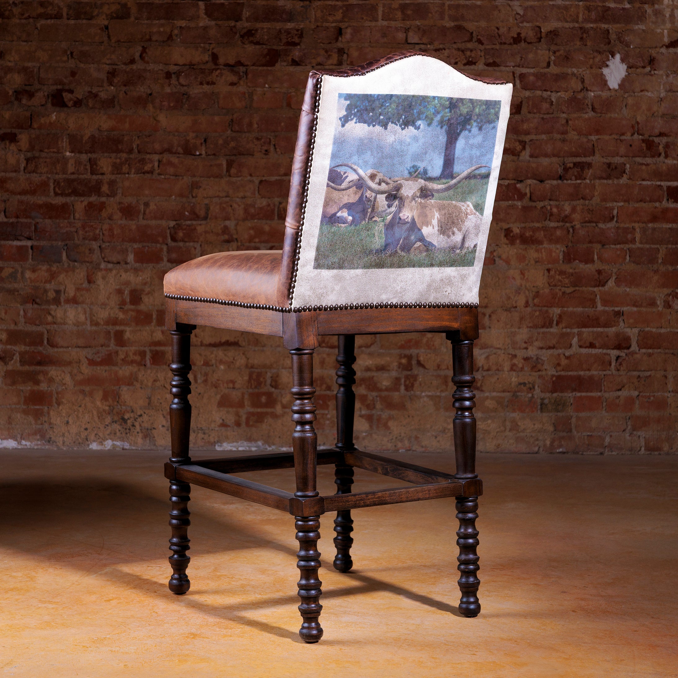 Western bar stool with customizable Texas Longhorn leather back panel