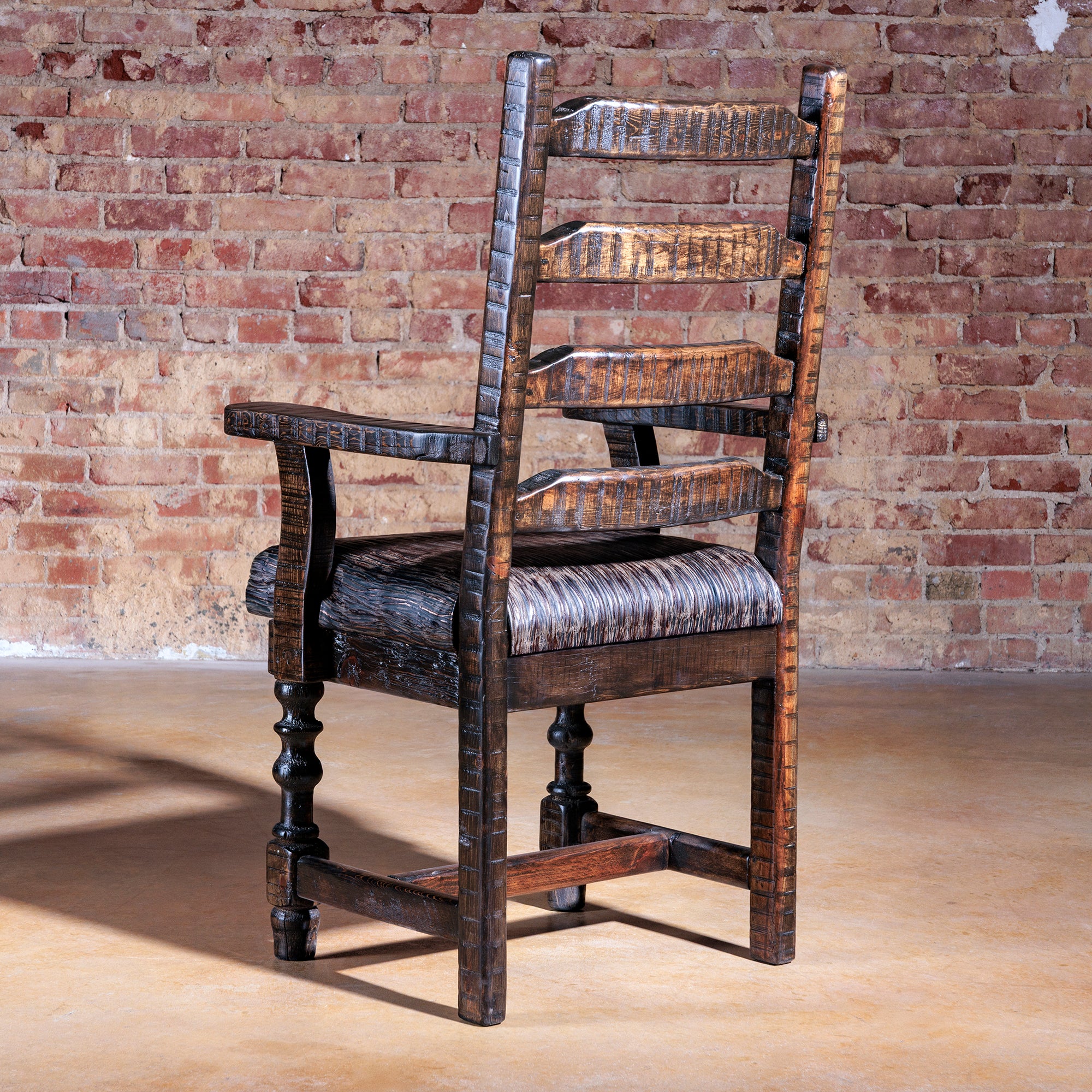 Back view of Legacy Ladderback Arm Chair in alder wood and leather