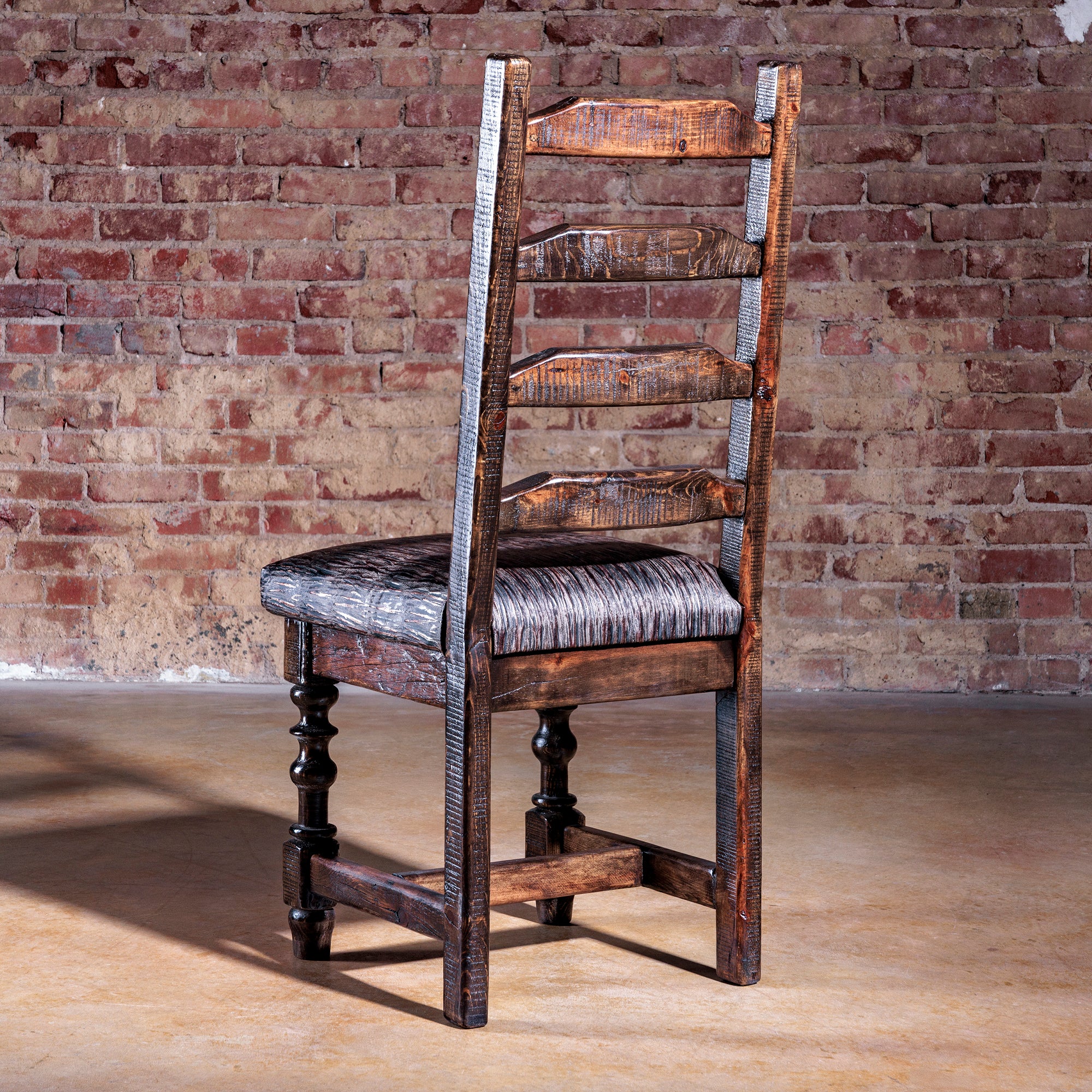 Back view of Legacy Ladderback Side Chair in reclaimed wood and leather