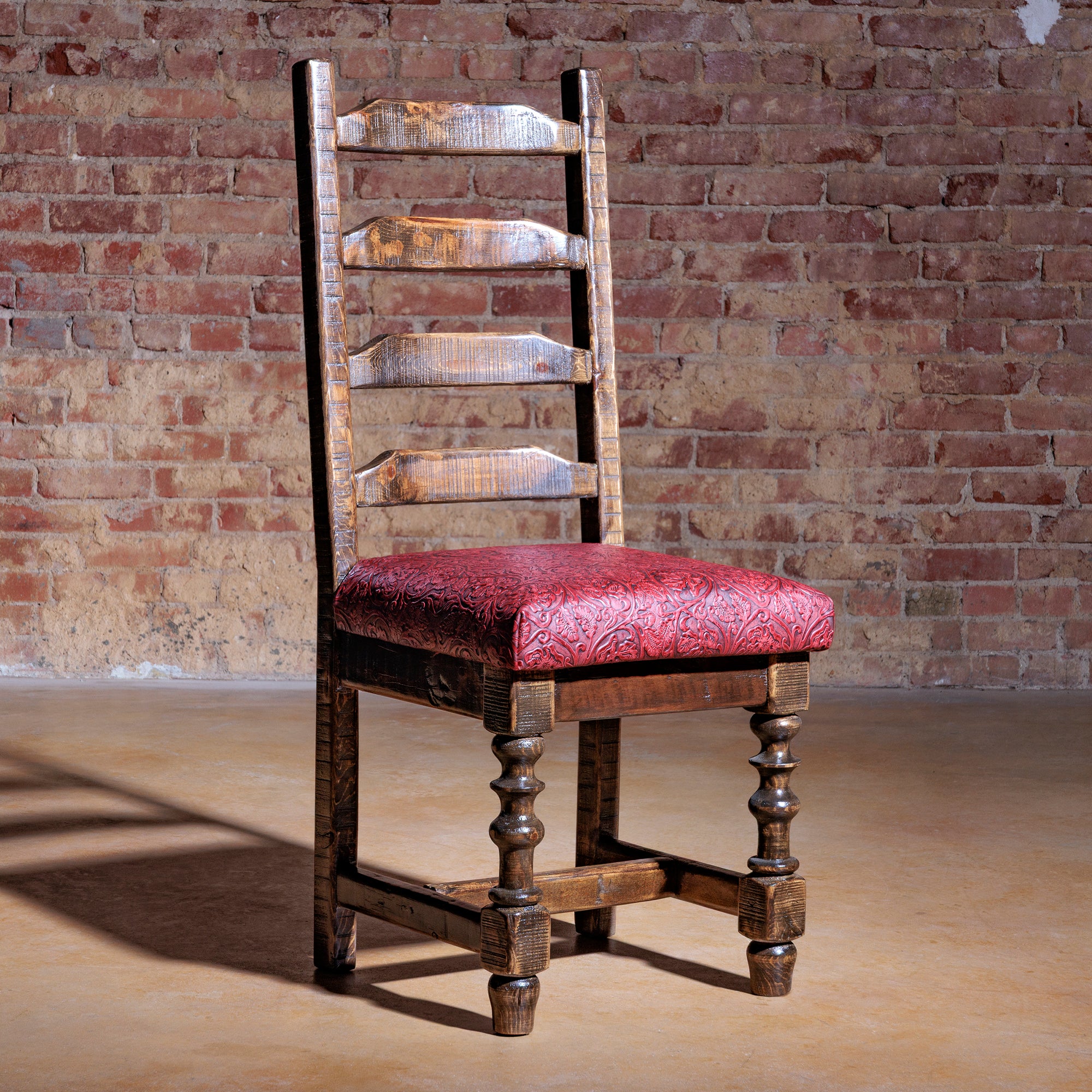 Red River Ladderback Chair with hand-tooled leather seat and rustic wood frame