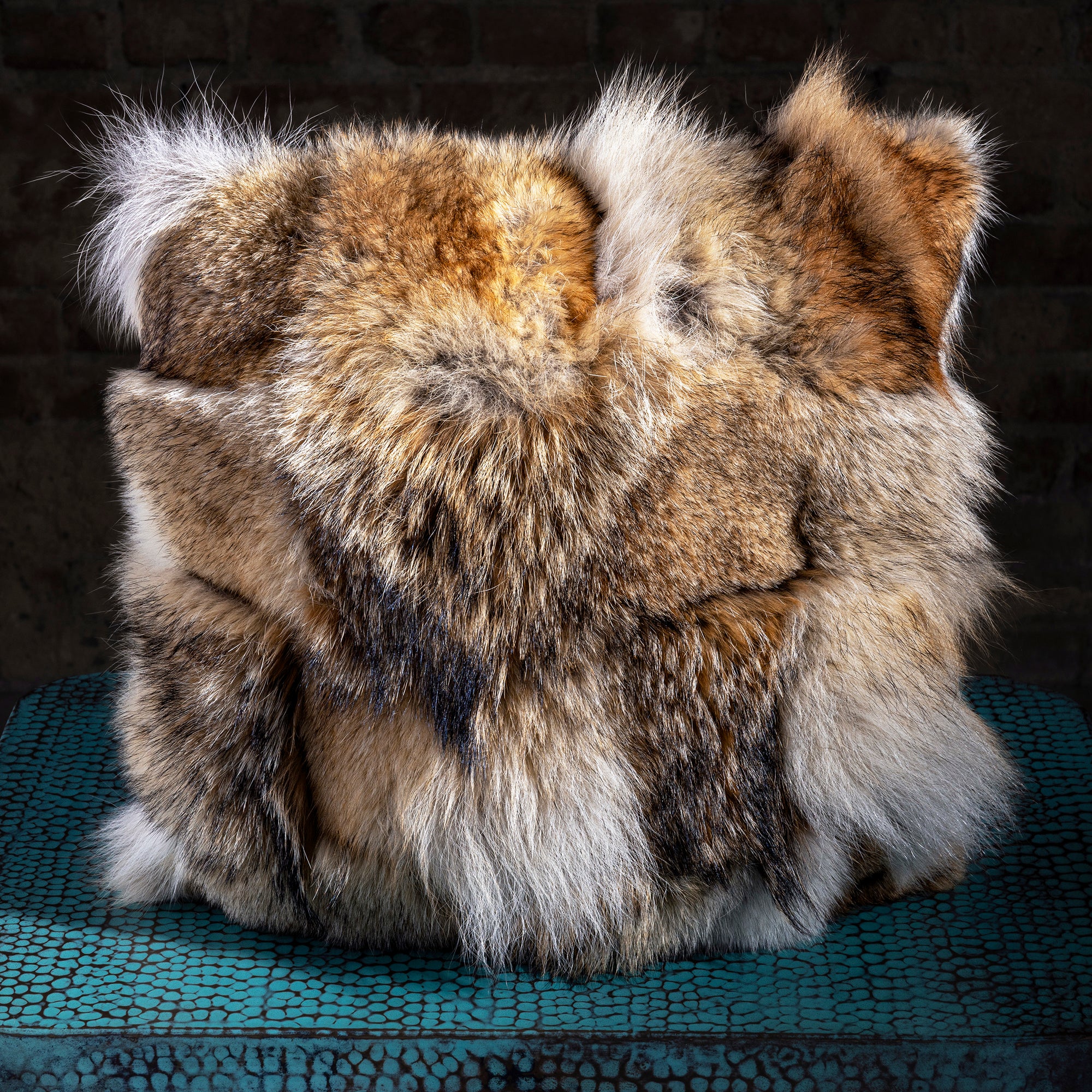Winter Mesa Rabbit Fur Heirloom Accent Pillow rabbit fur accent pillow with plush patchwork fur, warm natural tones, and rich Western texture.