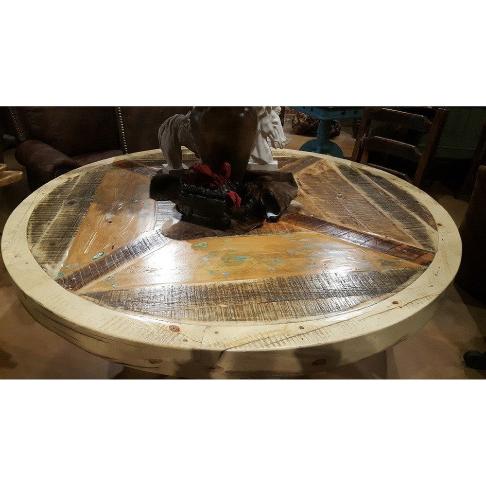 Add an unmistakable rustic elegance to your style with the Old Fashion Round Dining Table. Crafted from solid reclaimed wood and featuring a metal band with nailhead accents and a pedestal base, this handsome piece is designed to pair beautifully with any dining chairs. It's distressed finish complements its timeless, classic look.