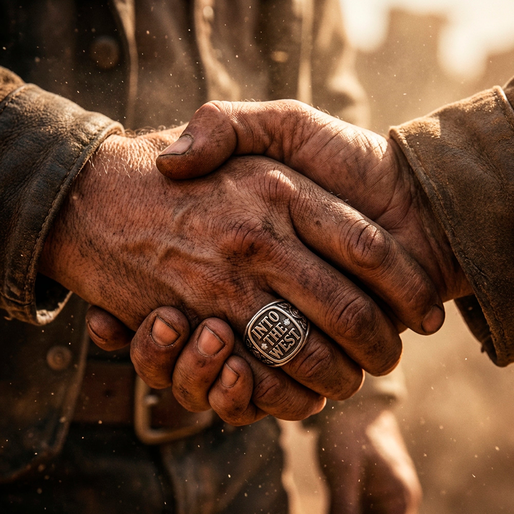 A firm western handshake on a ranch estate