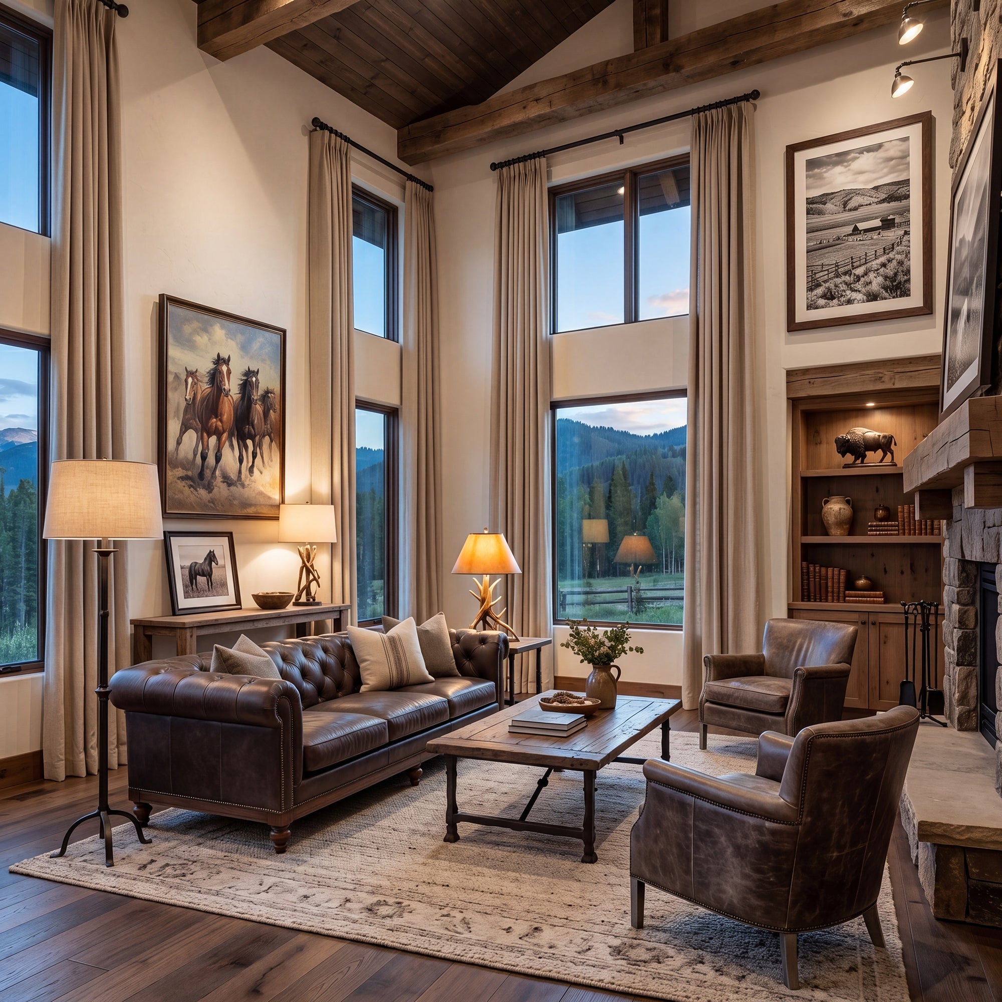 Luxury Western room with tall drapery, warm layered lighting, vertical accents, balanced furniture, and an elevated ranch-inspired interior feel